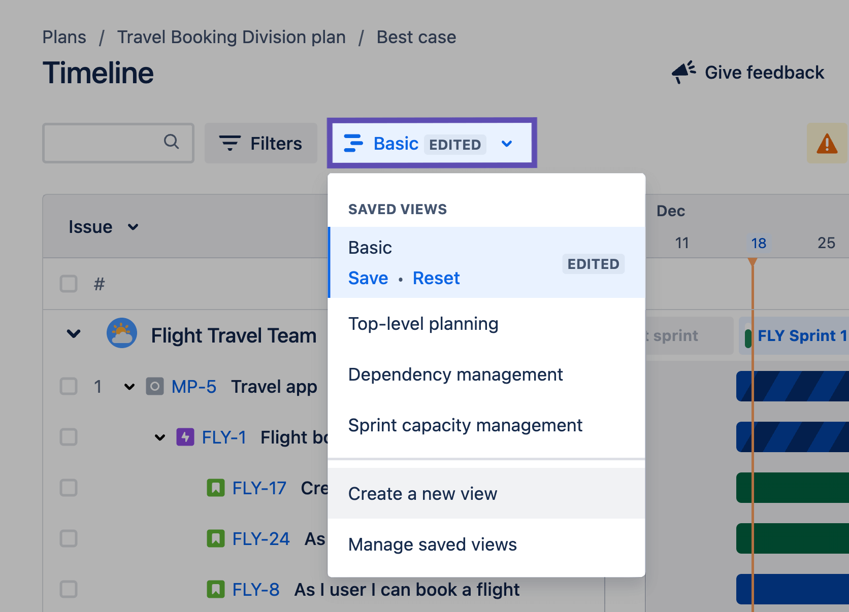 Saved view dropdown in Jira Plans