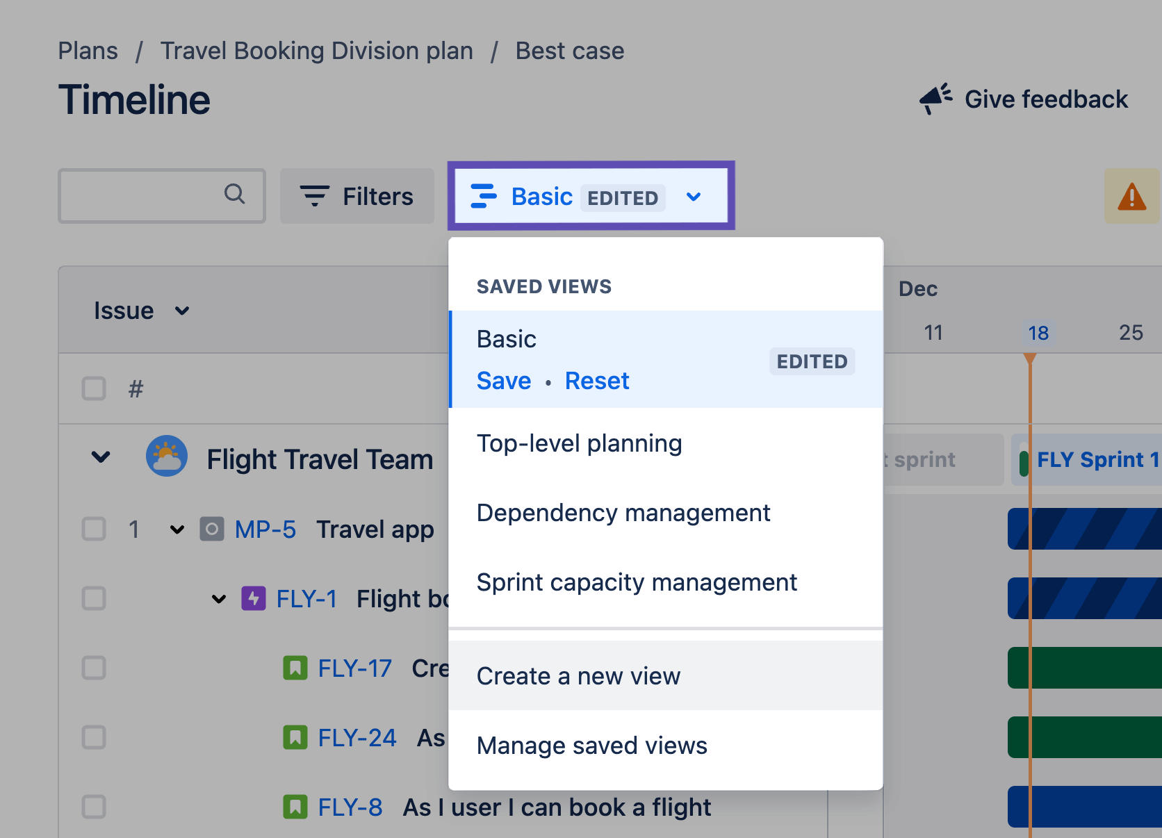 Jira 계획의 저장된 보기 드롭다운