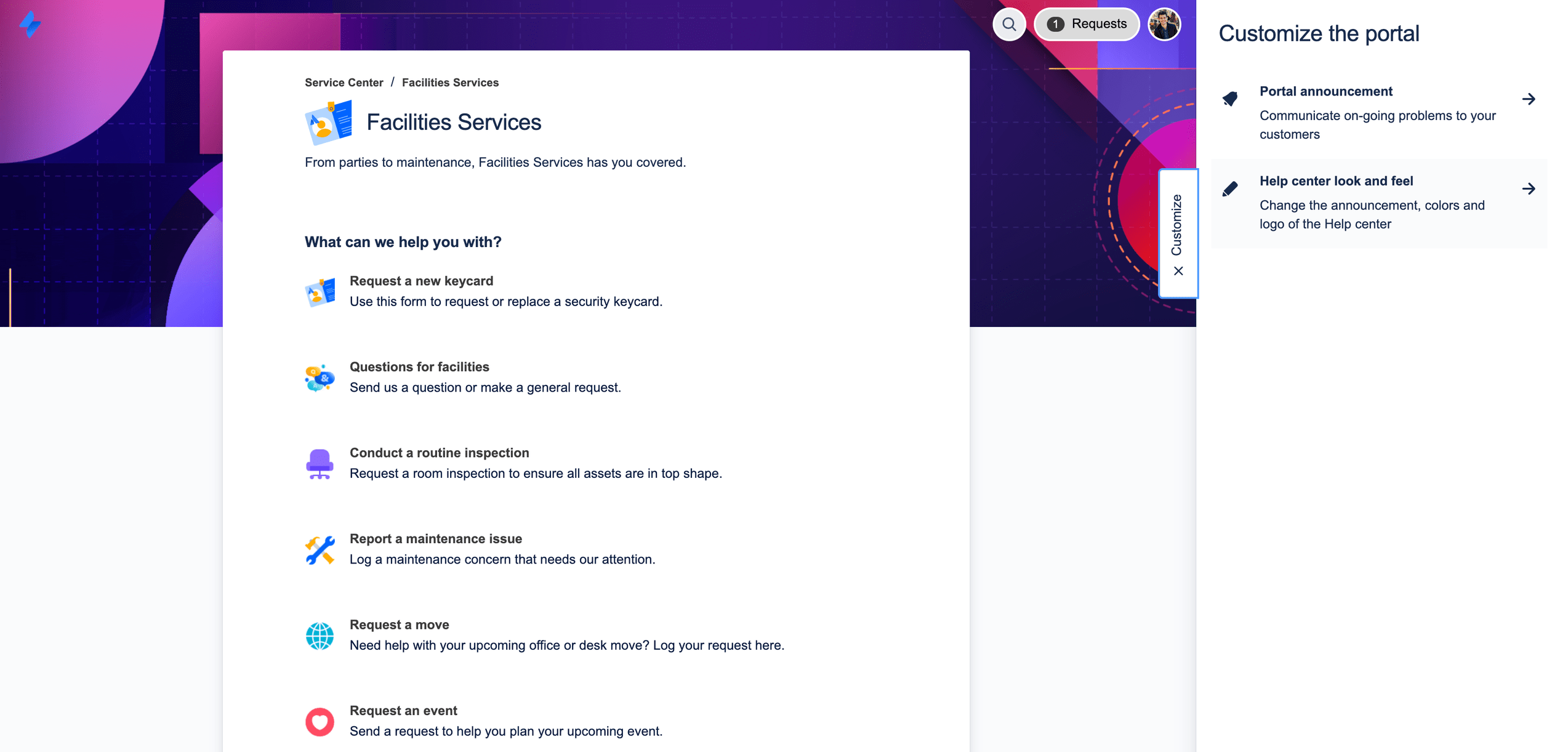 schermafbeelding van het kanaal voor facilitaire serviceaanvragen