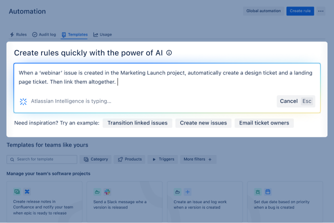 产品屏幕截图：Jira 的 Atlassian Intelligence 功能将自然语言文本转换为自动化规则。屏幕截图中提示内容的大意为：“每当在‘营销发布’项目中创建‘在线研讨会’事务时，都自动创建设计工作单和登录页面工作单。然后把它们全部链接起来。”