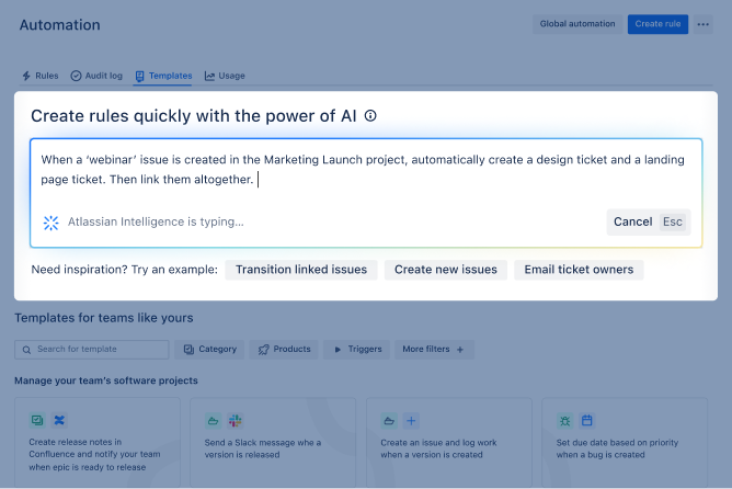 製品スクリーンショット: 自然言語テキストを自動化ルールに翻訳する Jira の AI 機能スクリーンショットのプロンプト:「マーケティング ローンチ プロジェクトで『ウェビナー』の課題が作成されると、デザイン チケットとランディング ページ チケットが自動的に作成されます。その後、チケットをまとめてリンクします」