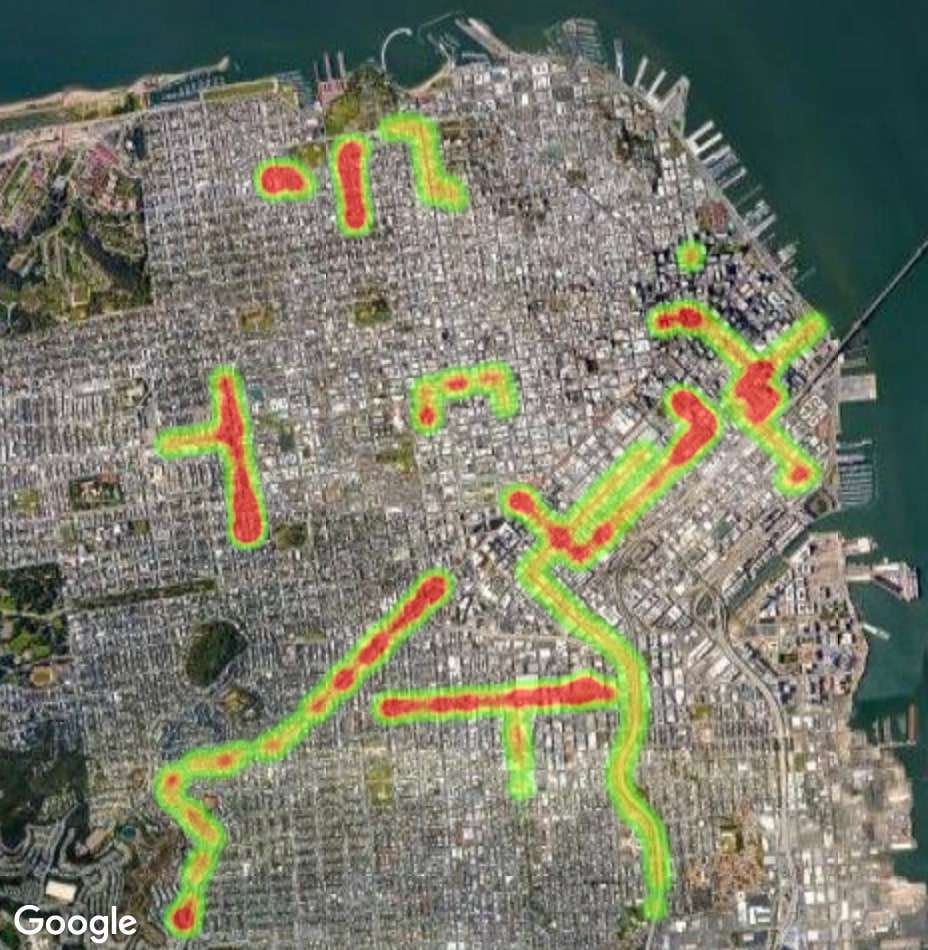 TExample of density heatmap overlaid on San Francisco streets for Google Maps