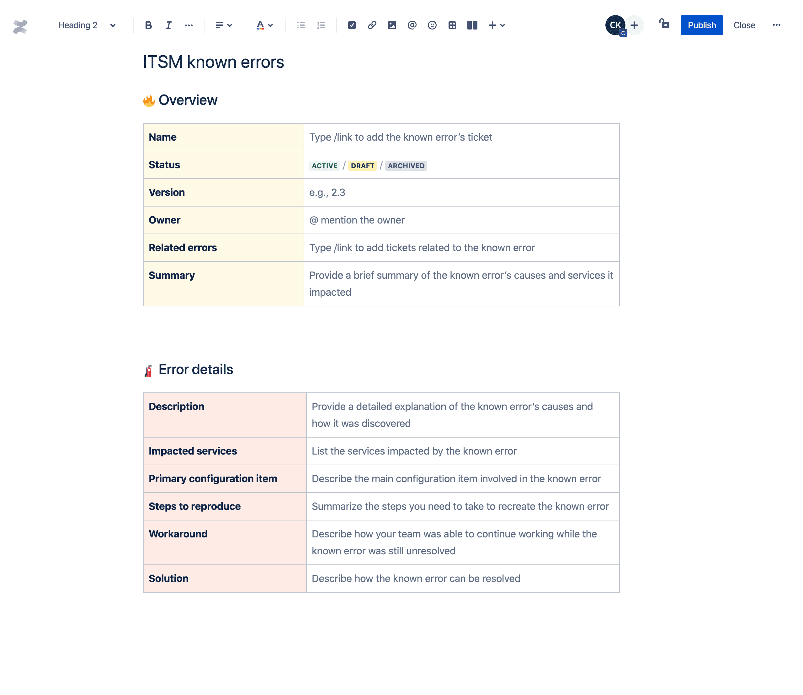 ITSM known errors template