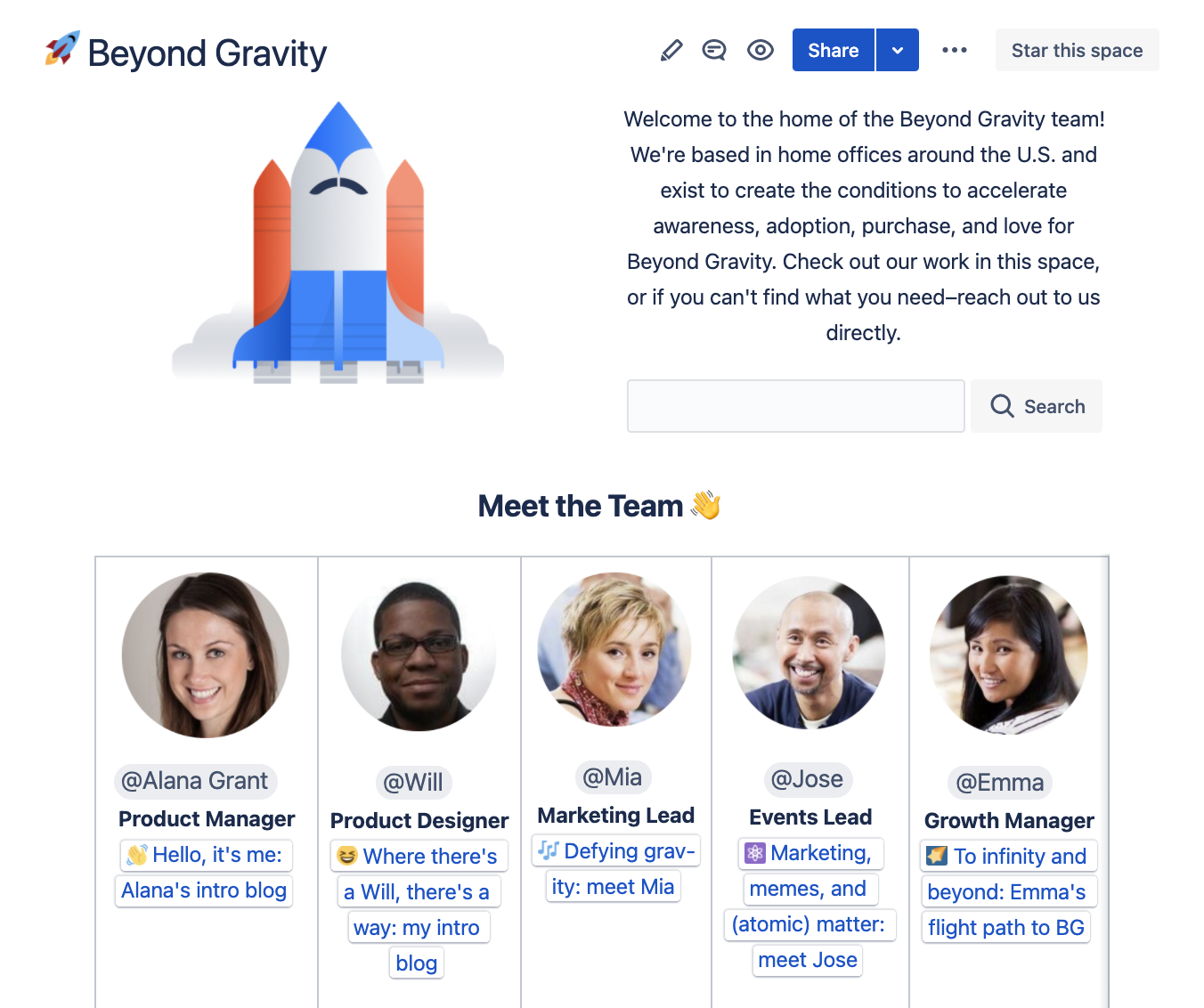 screenshot of a "meet the team" confluence page