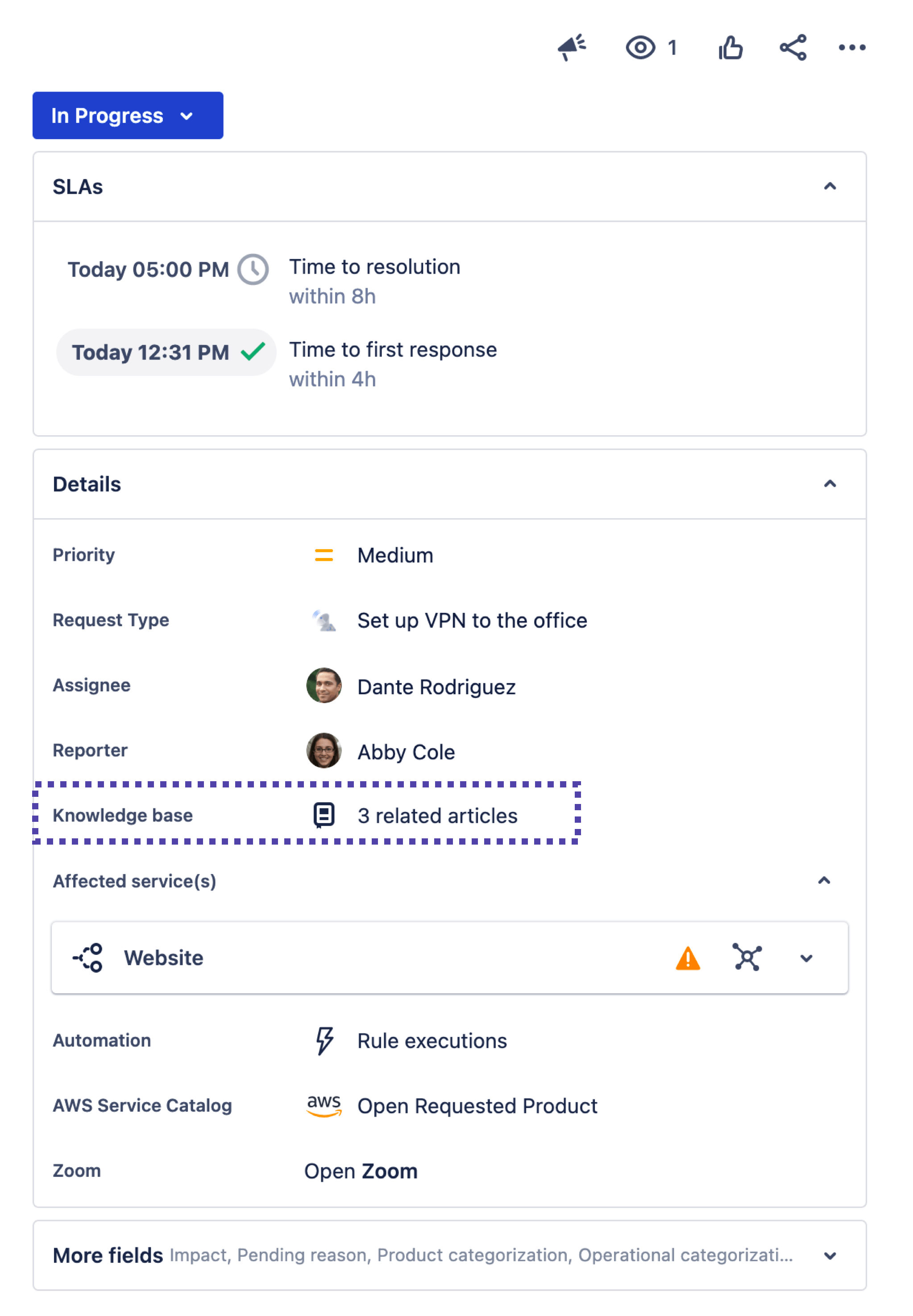 Compartir artículos de base de conocimientos en la vista de la incidencia