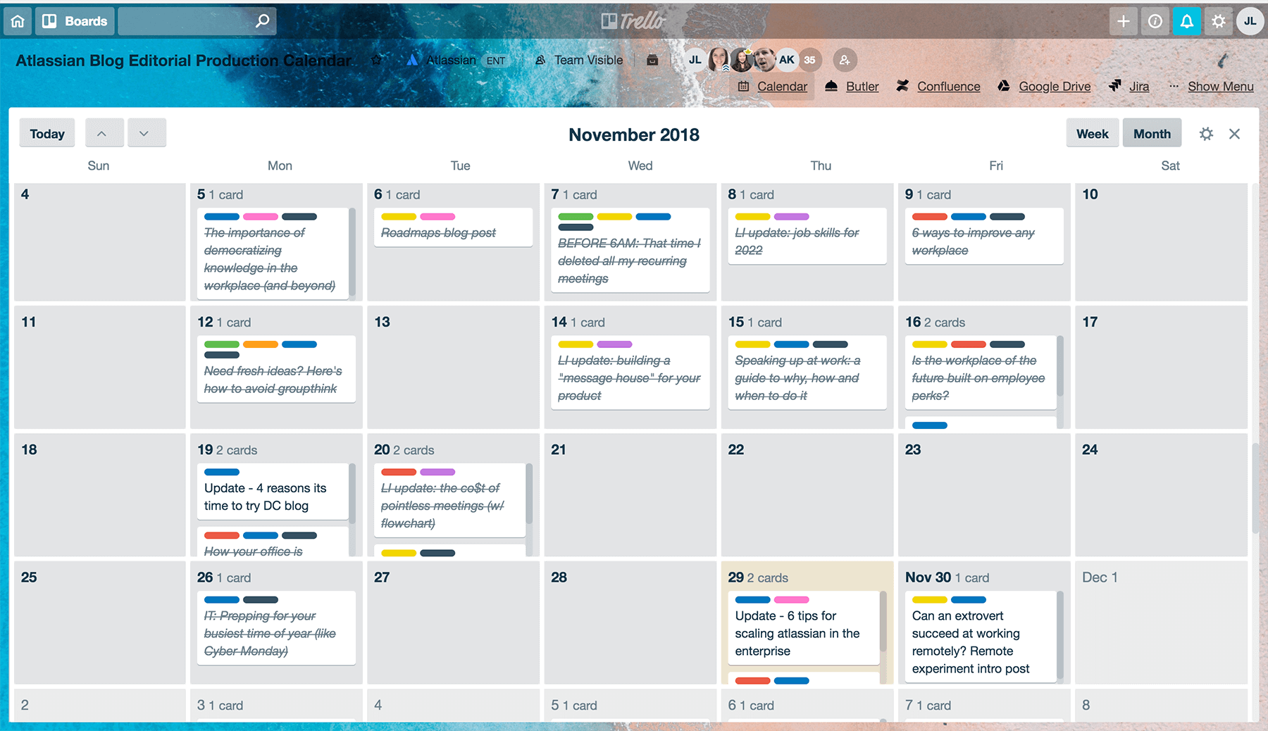 Example editorial calendar in Trello