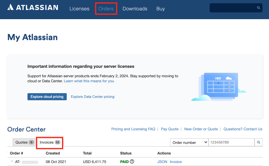 Captura de pantalla de la sección de facturación de my.atlassian.com para localizar las facturas de Data Center