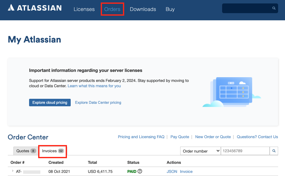 my.atlassian.com 账单部分的屏幕截图，用于查找 Data Center 发票