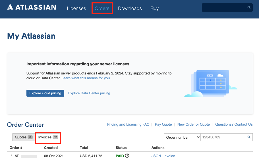 Data Center 請求書の場所を示す my.atlassian.com の請求セクションのスクリーンショット