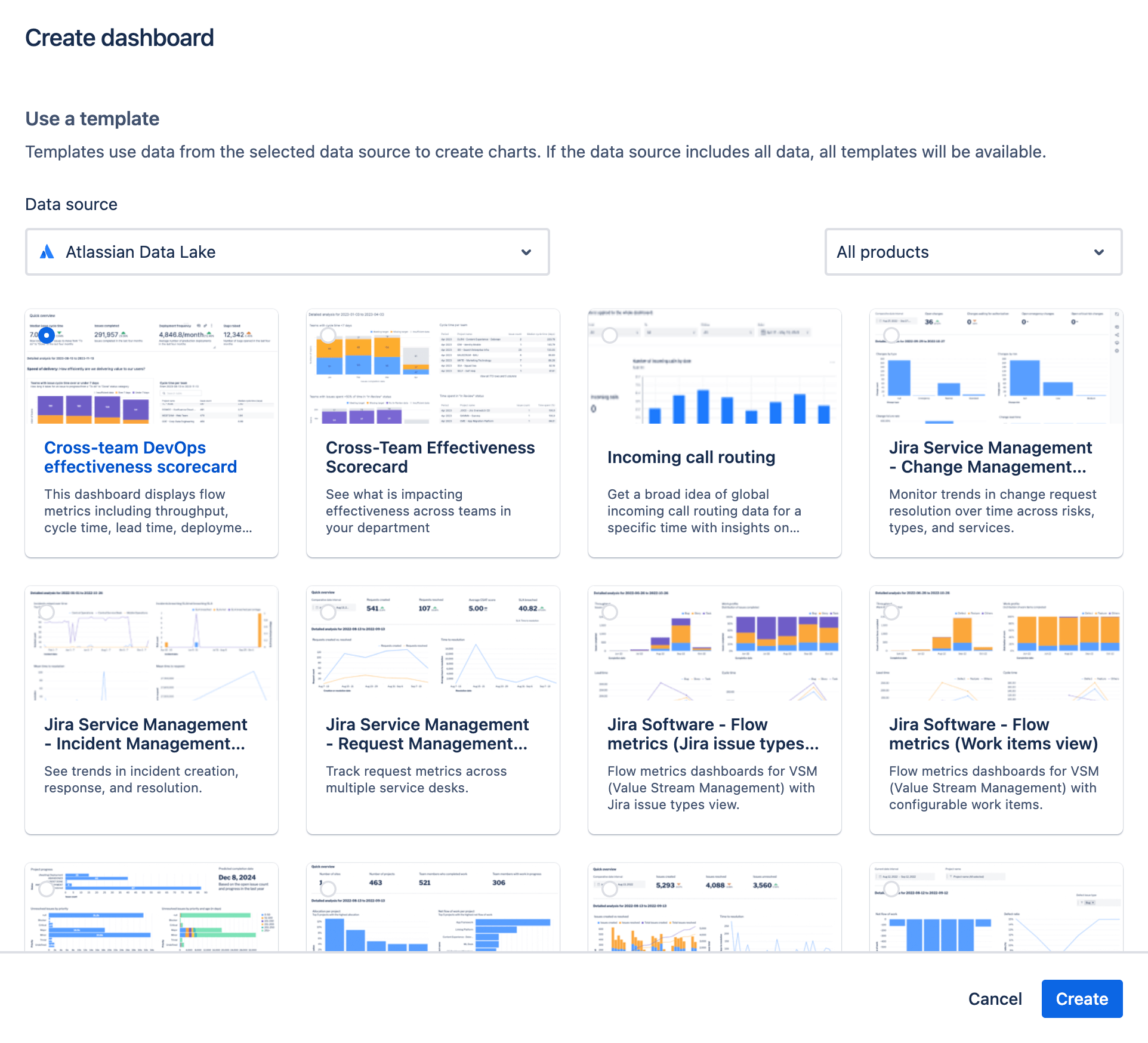 Uma tela de seleção mostra exemplos de templates que você pode usar para obter dados dos produtos da Atlassian ao usar o Atlassian Analytics.