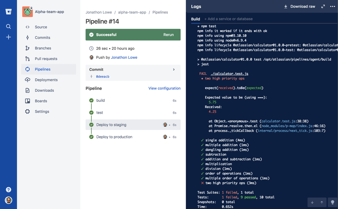 Снимок экрана Bitbucket Pipelines