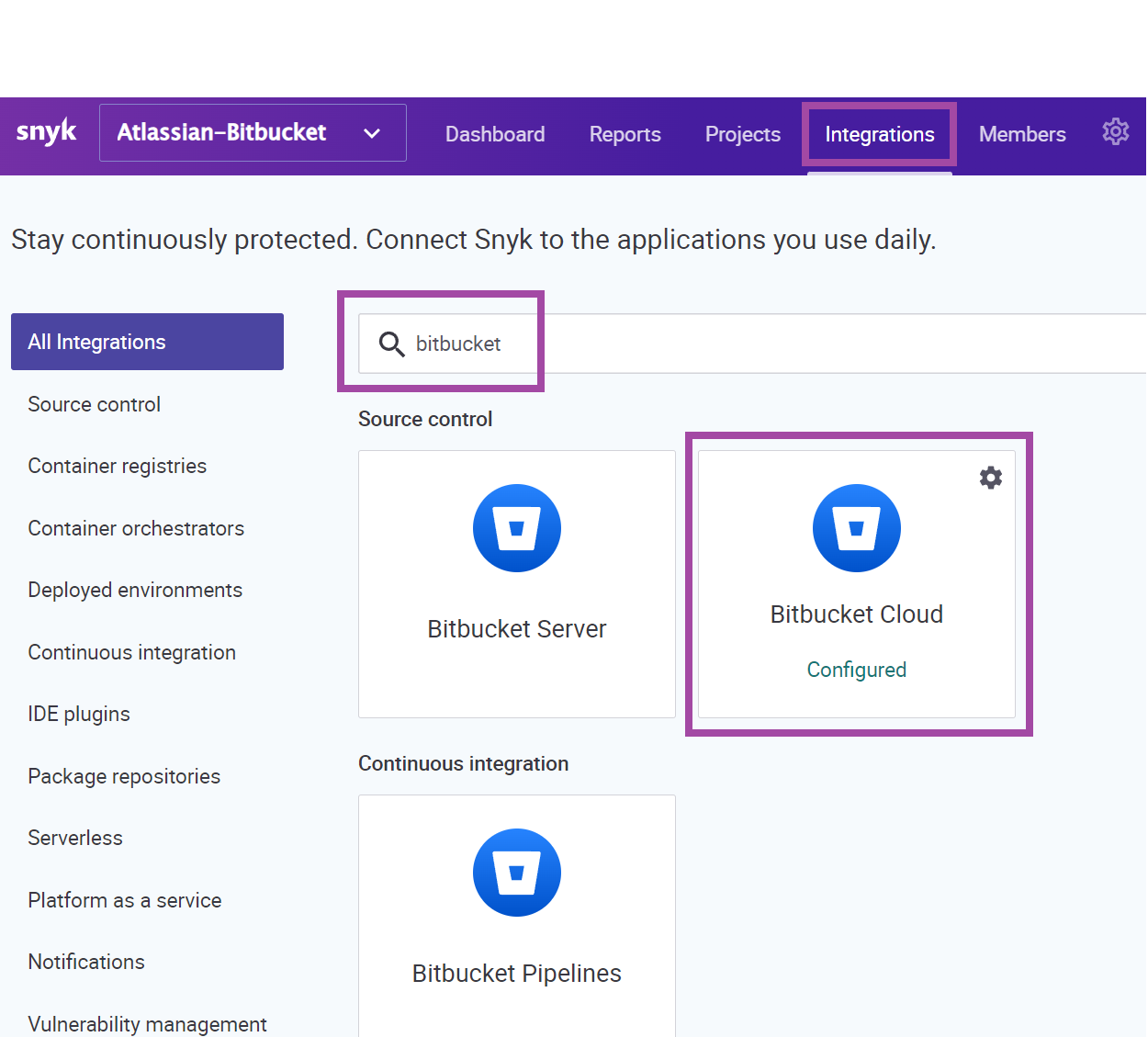 Ventana de integraciones de Snyk