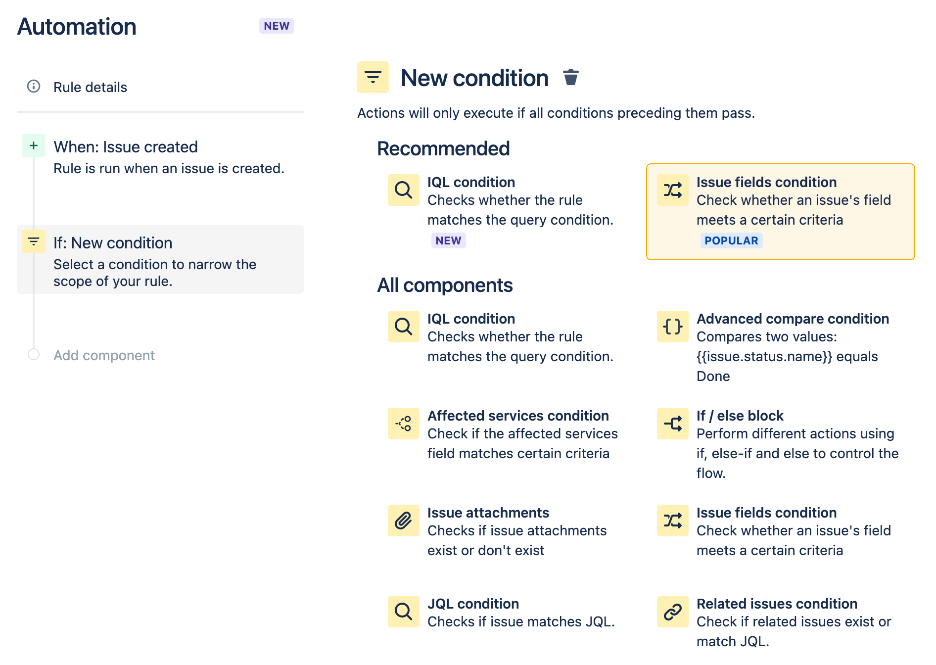 Configuración de condiciones de automatización en Jira Service Management