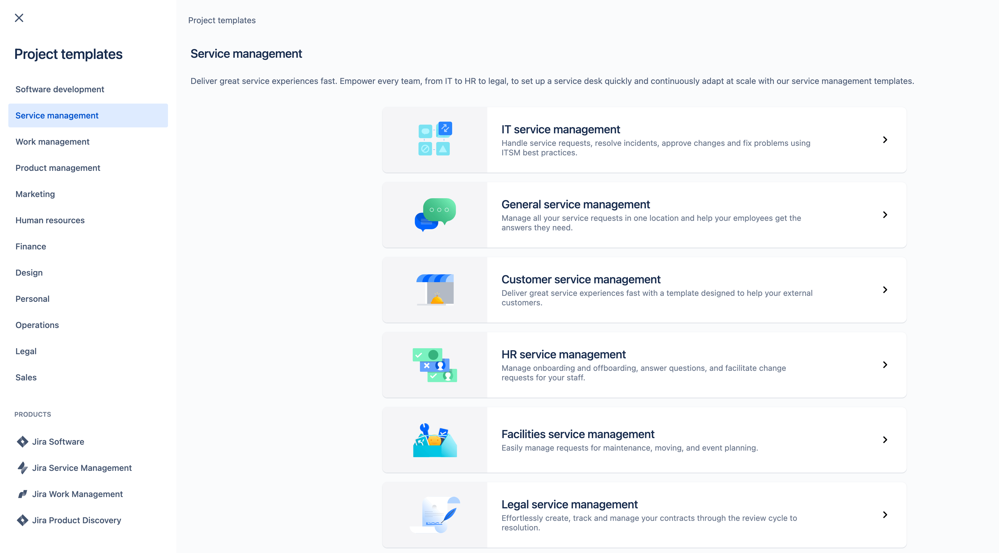 Schermata dei modelli di progetto di Jira Service Management