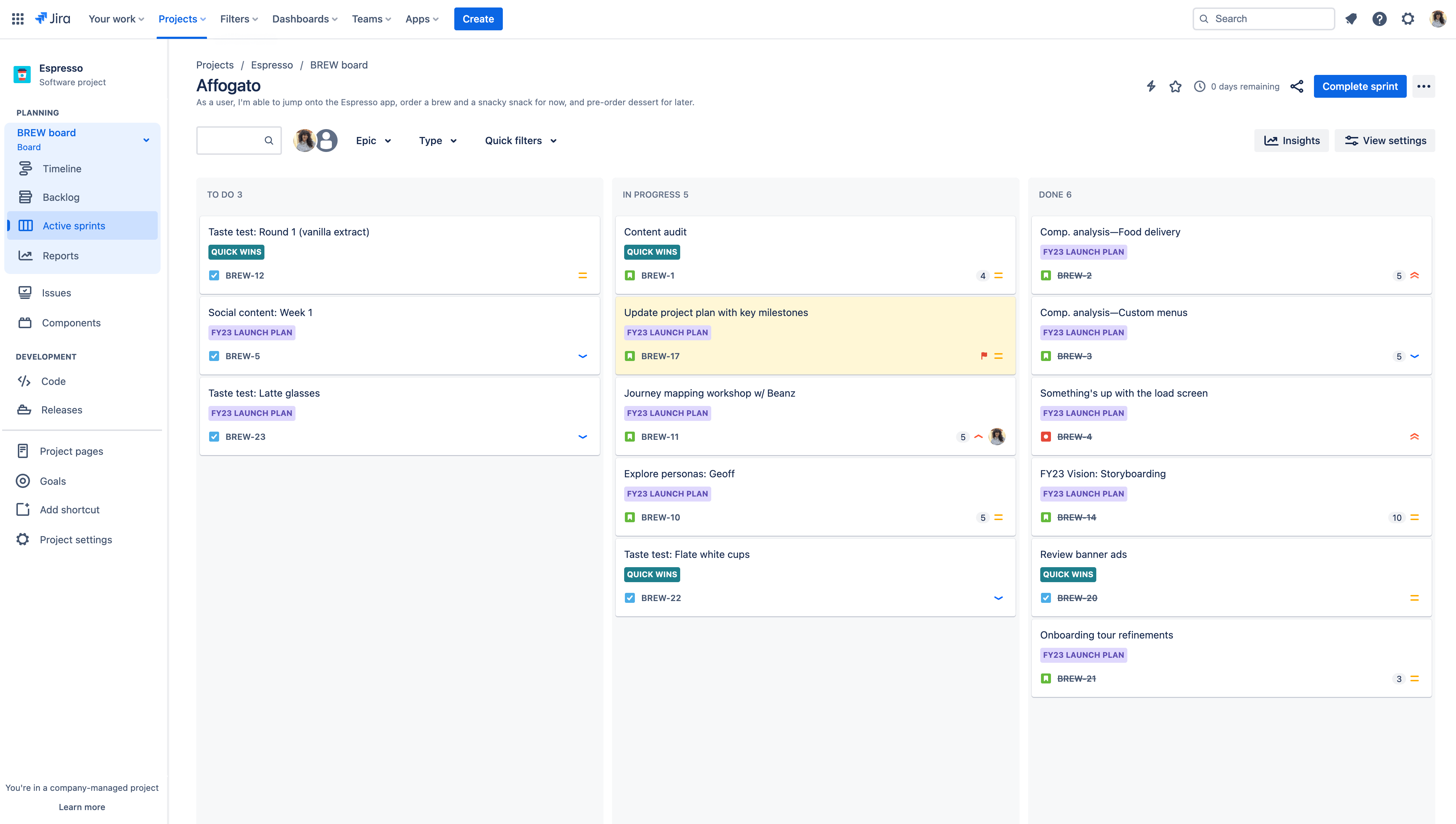 Capture d'écran de tableau Jira