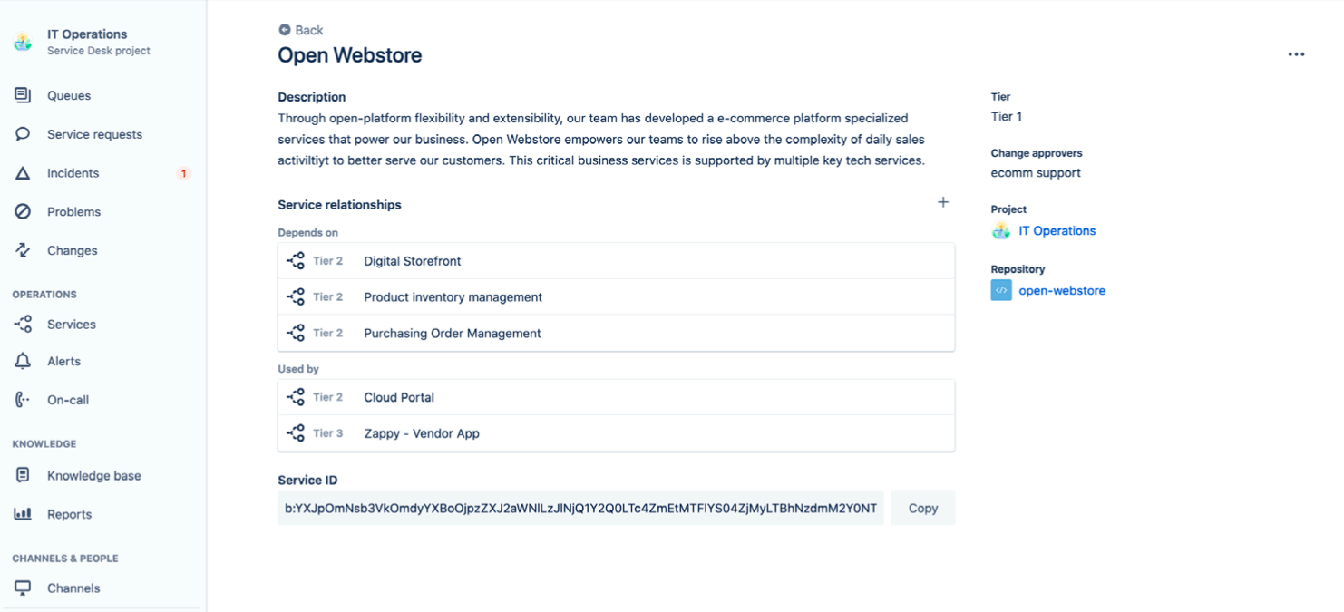 Função de registro de serviços do Jira Service Management