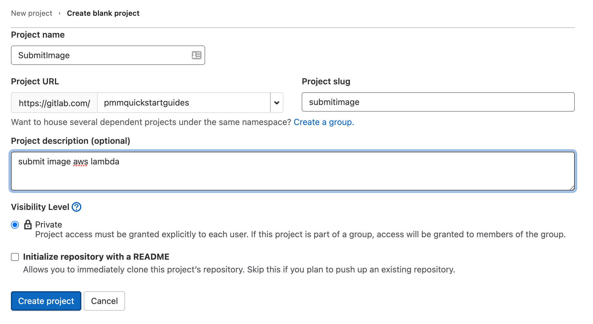Filling in project details when creating a new project in GitLab