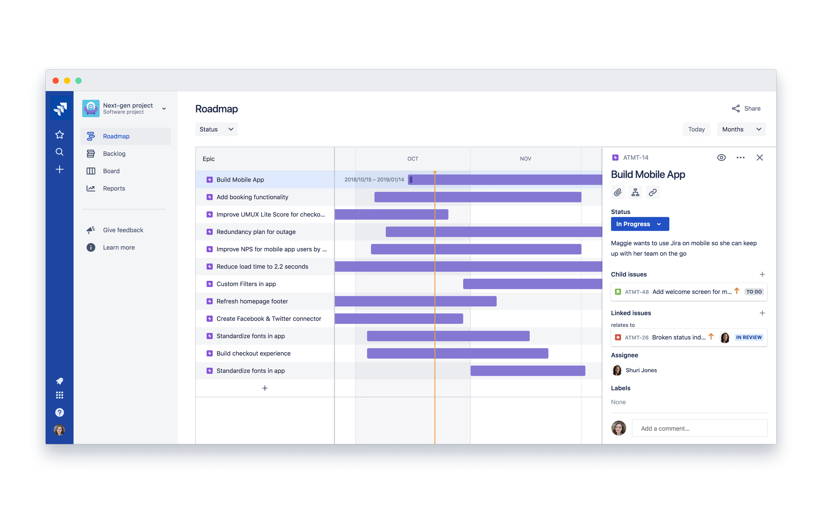 A product roadmap with detailed development tasks.