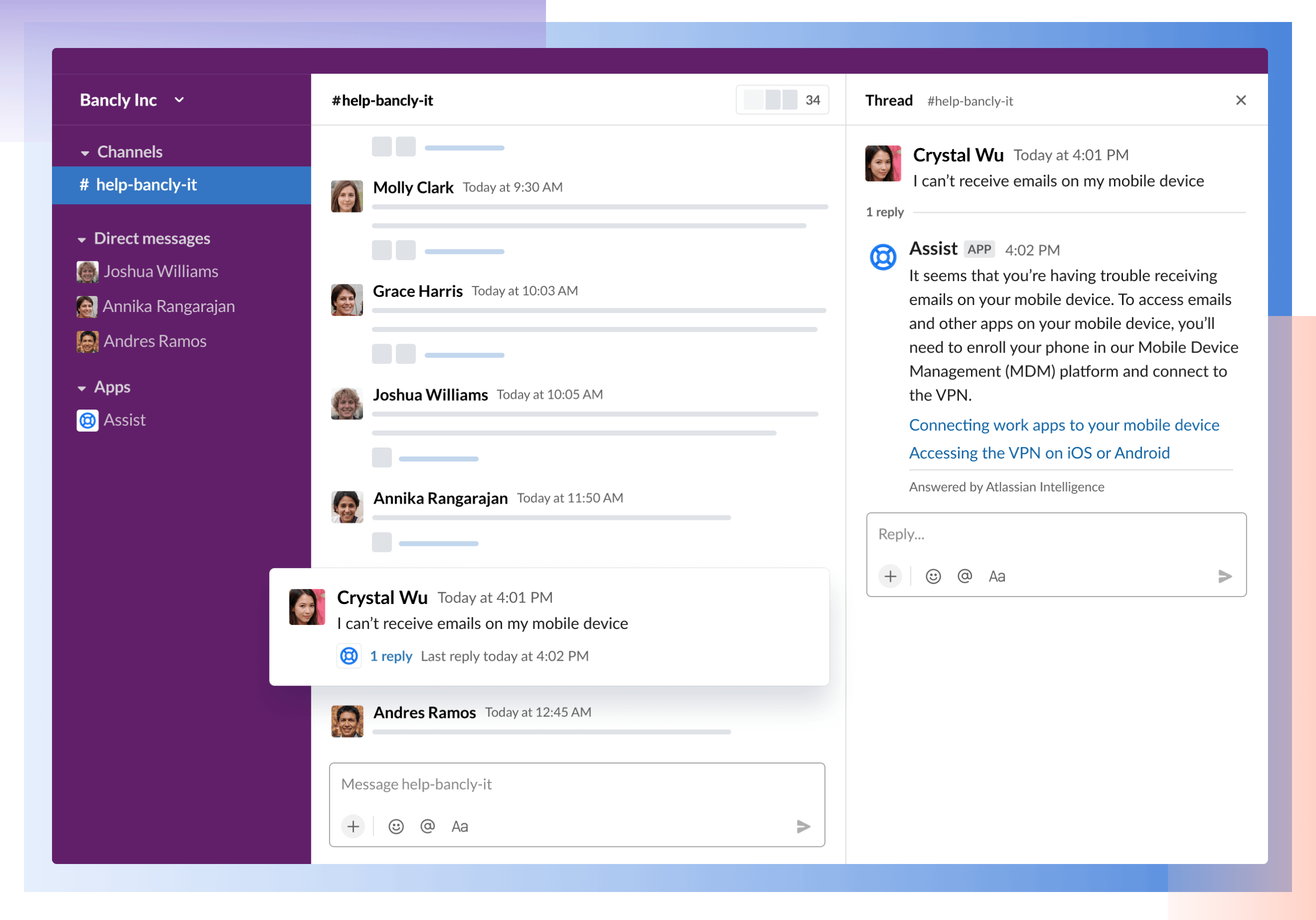 Atlassian Assist replying to a customer in Slack with IT help