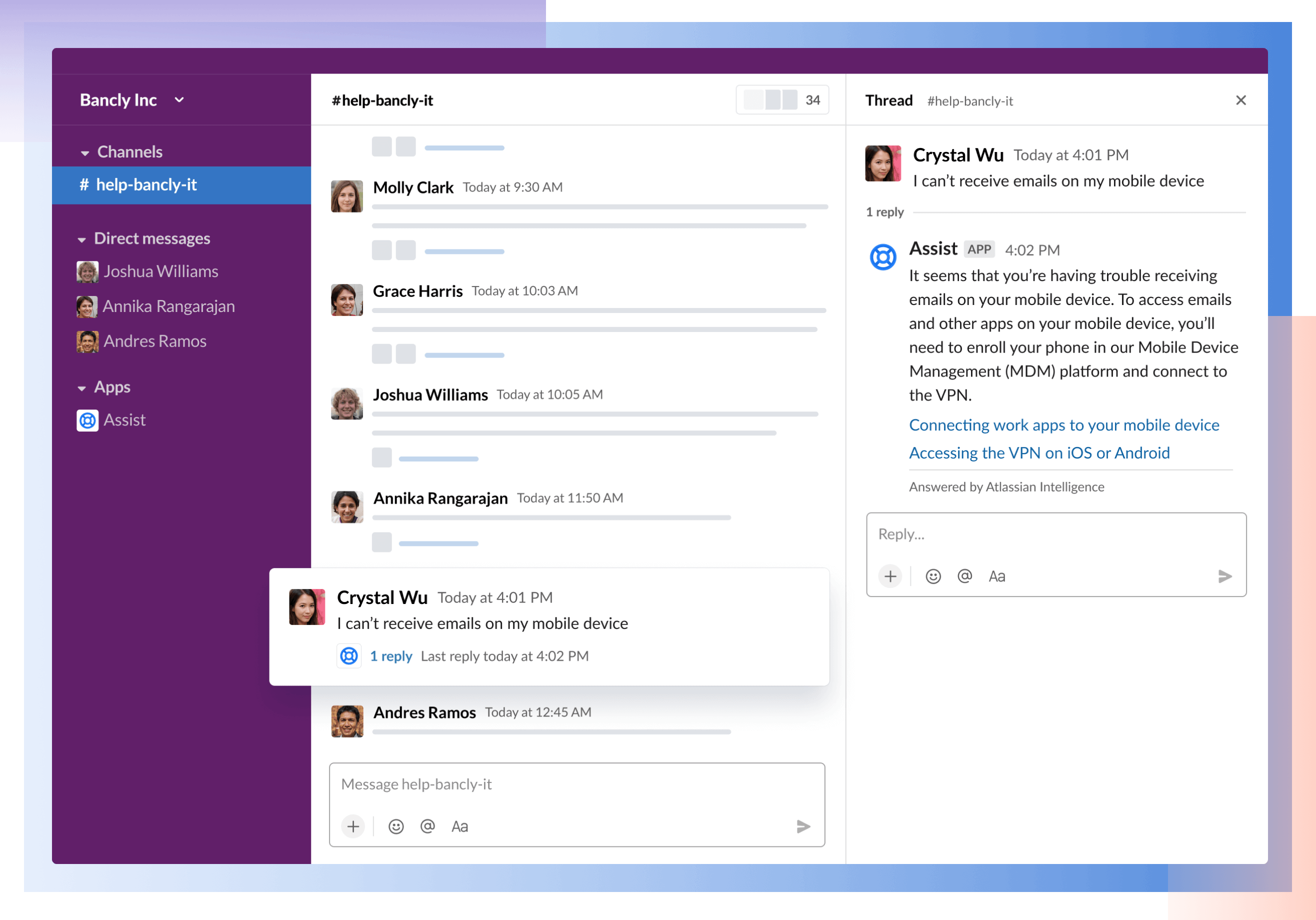 Atlassian Assist risponde a un cliente in Slack con l'assistenza IT