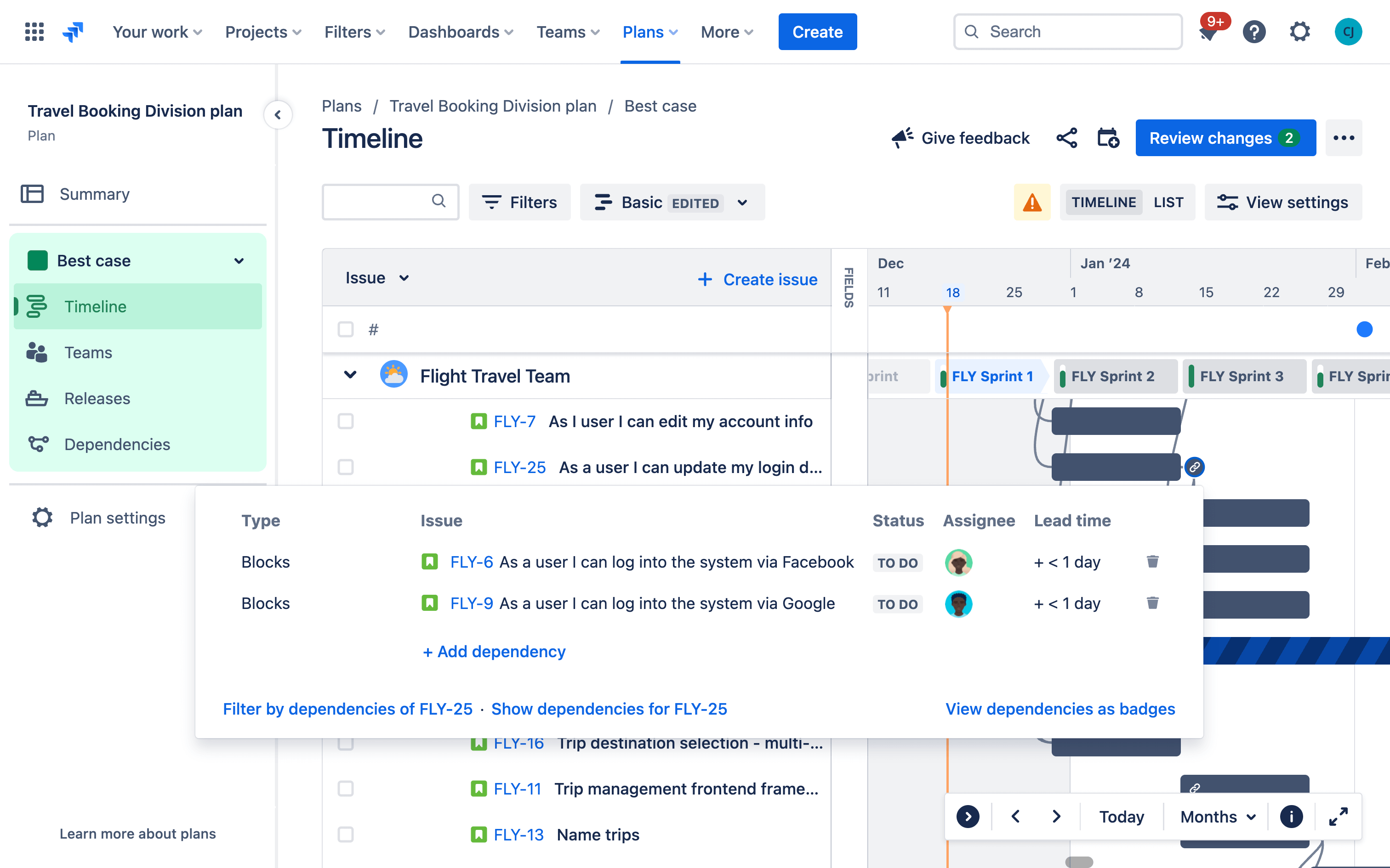 在 Jira“计划”中管理依赖关系