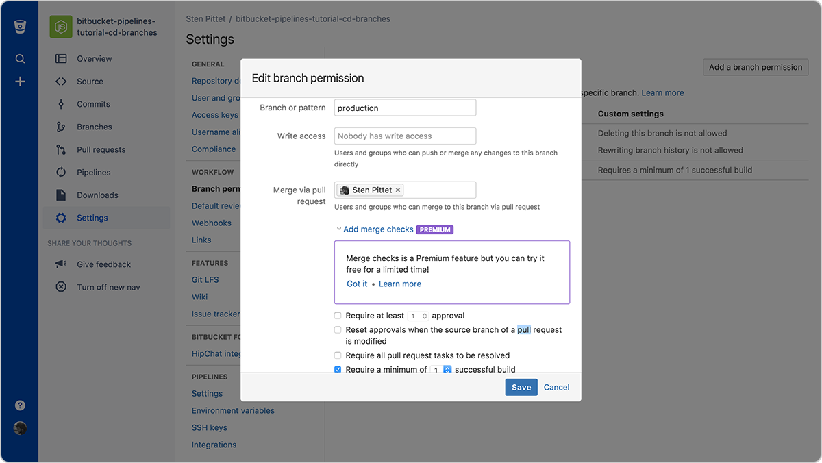 Configuring the permissions of the production branch | Atlassian CI/CD