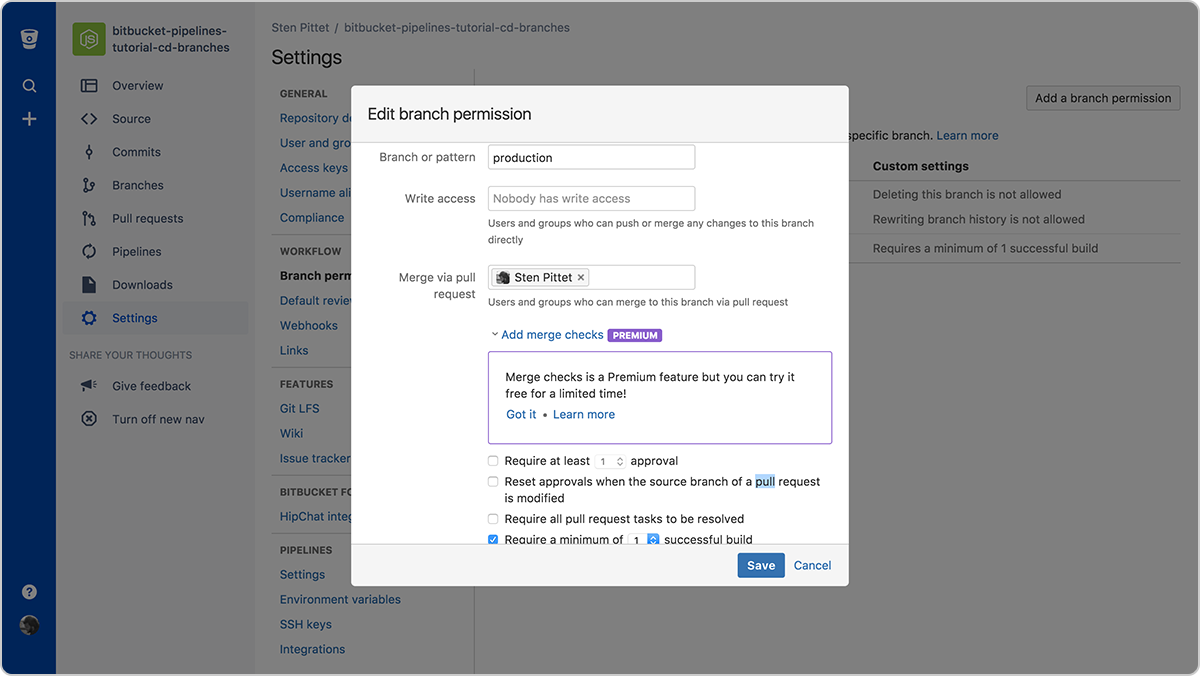 Configurazione delle autorizzazioni del branch di produzione | CI/CD di Atlassian