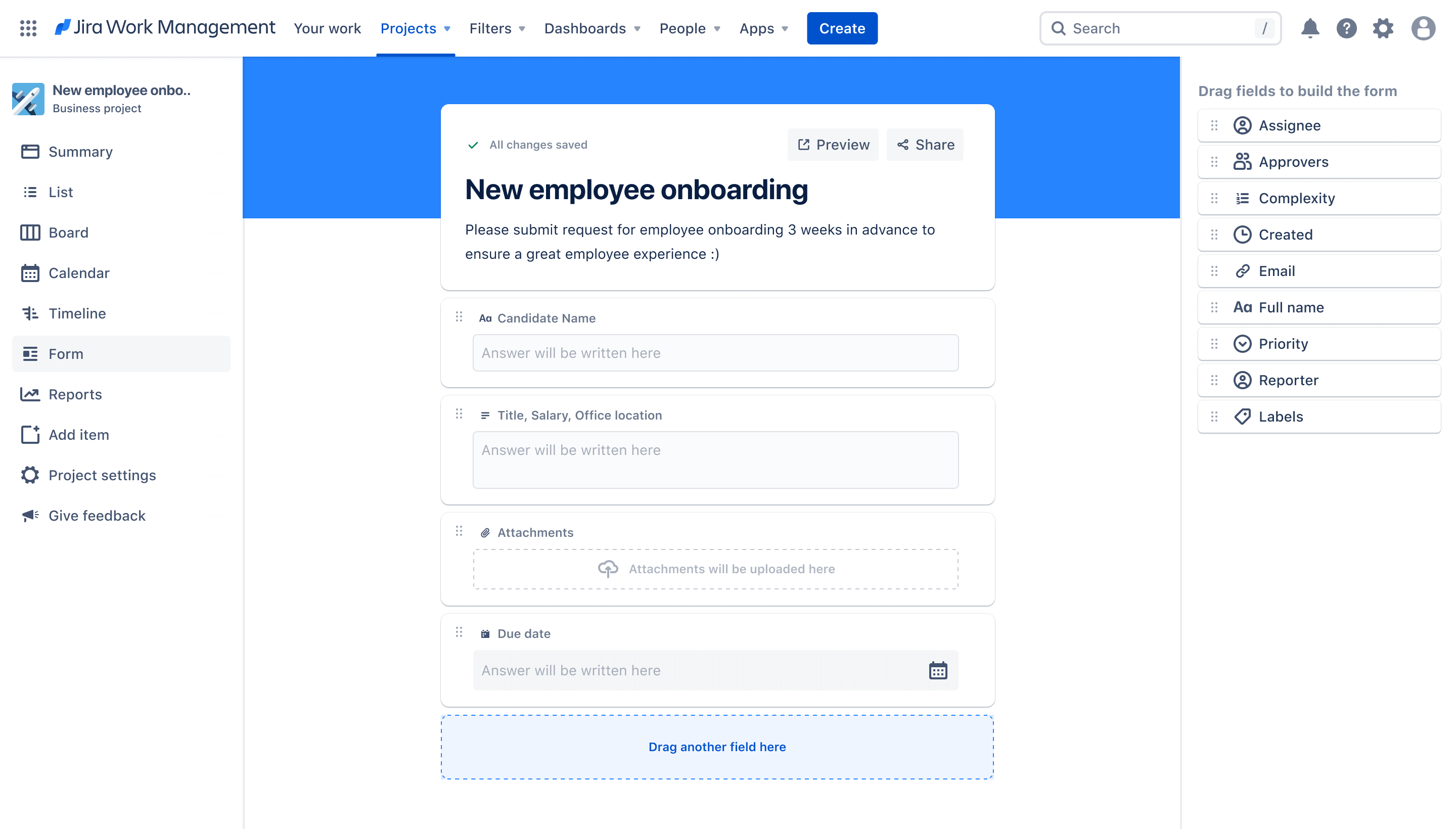 Vista de formulario en la nueva plantilla de incorporación de nuevos empleados en Jira Work Management