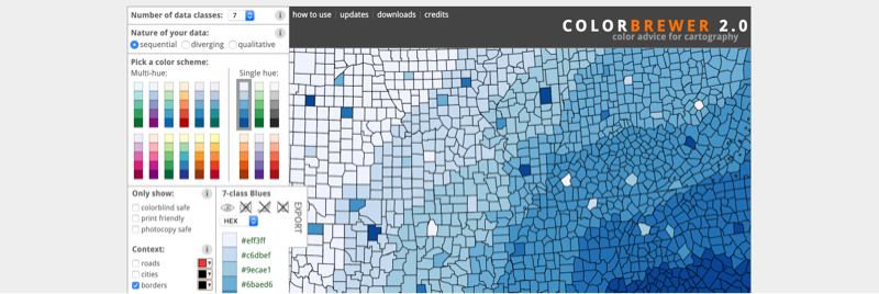 Screenshot of the ColorBrewer site with a blue sequential palette selected.