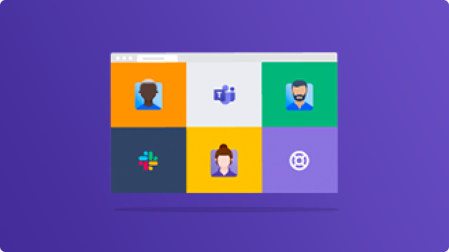 Browser window illustration with Slack, Microsoft Teams Halp logos