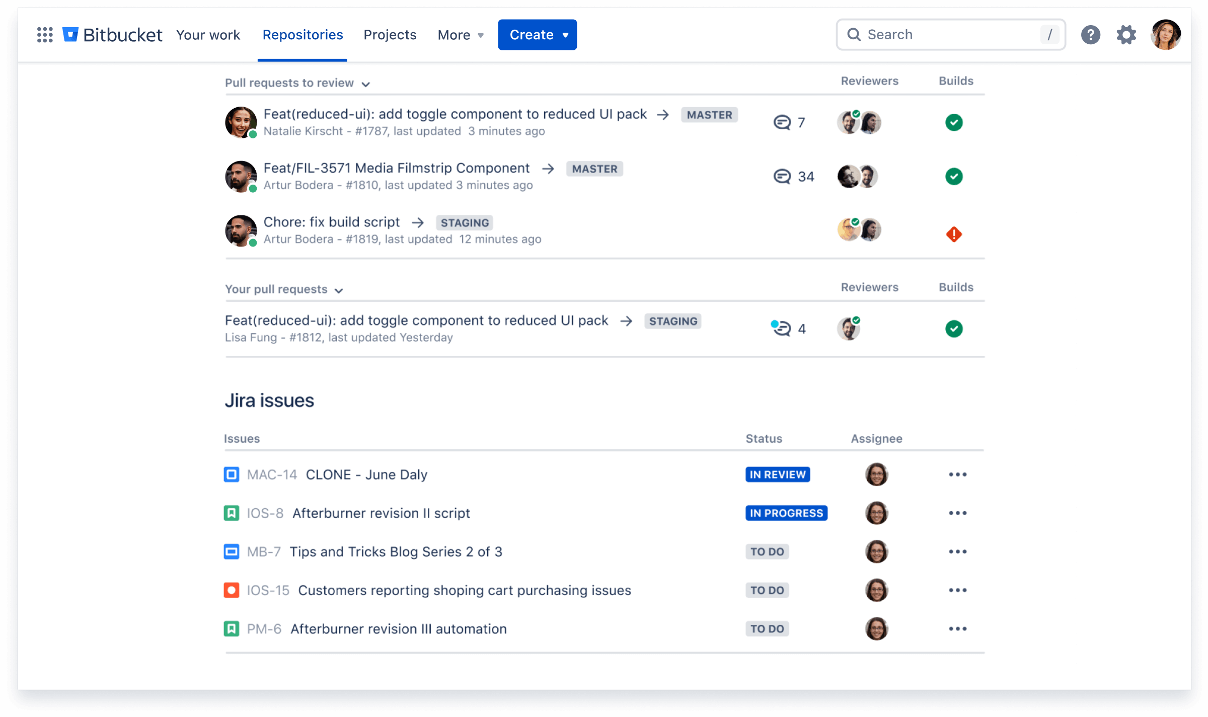 Снимок экрана: репозитории Bitbucket.