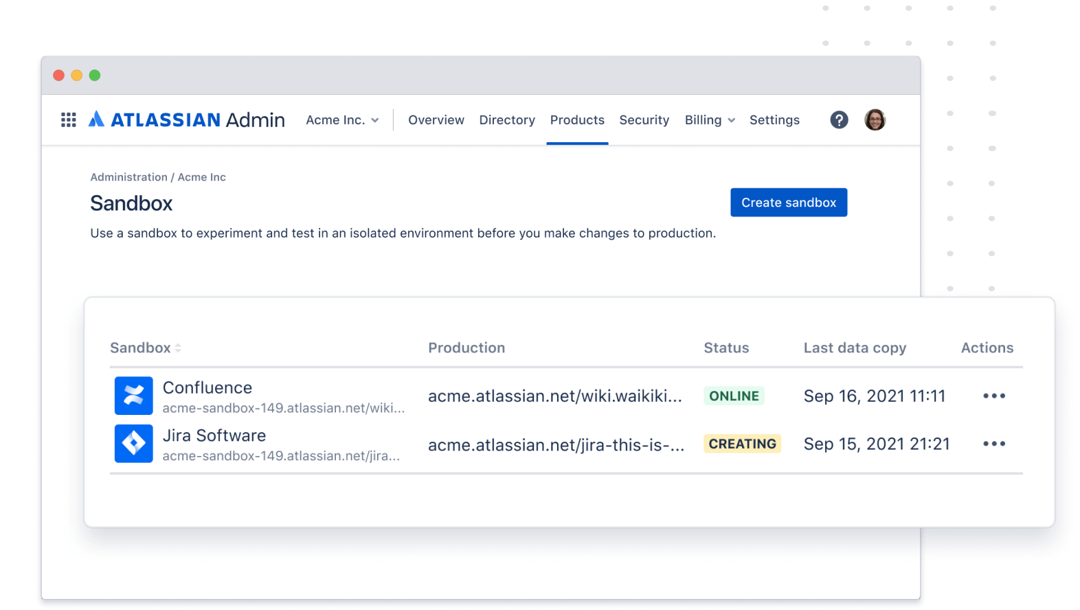 Screenshot of Atlassian admin console demonstrating sandbox creation.