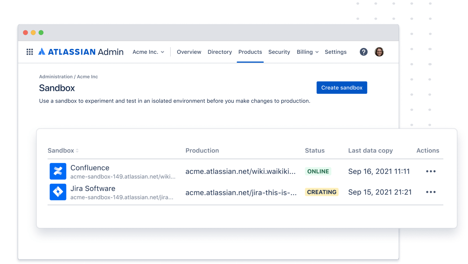 Screenshot della console di amministrazione di Atlassian che mostra la creazione di una sandbox.