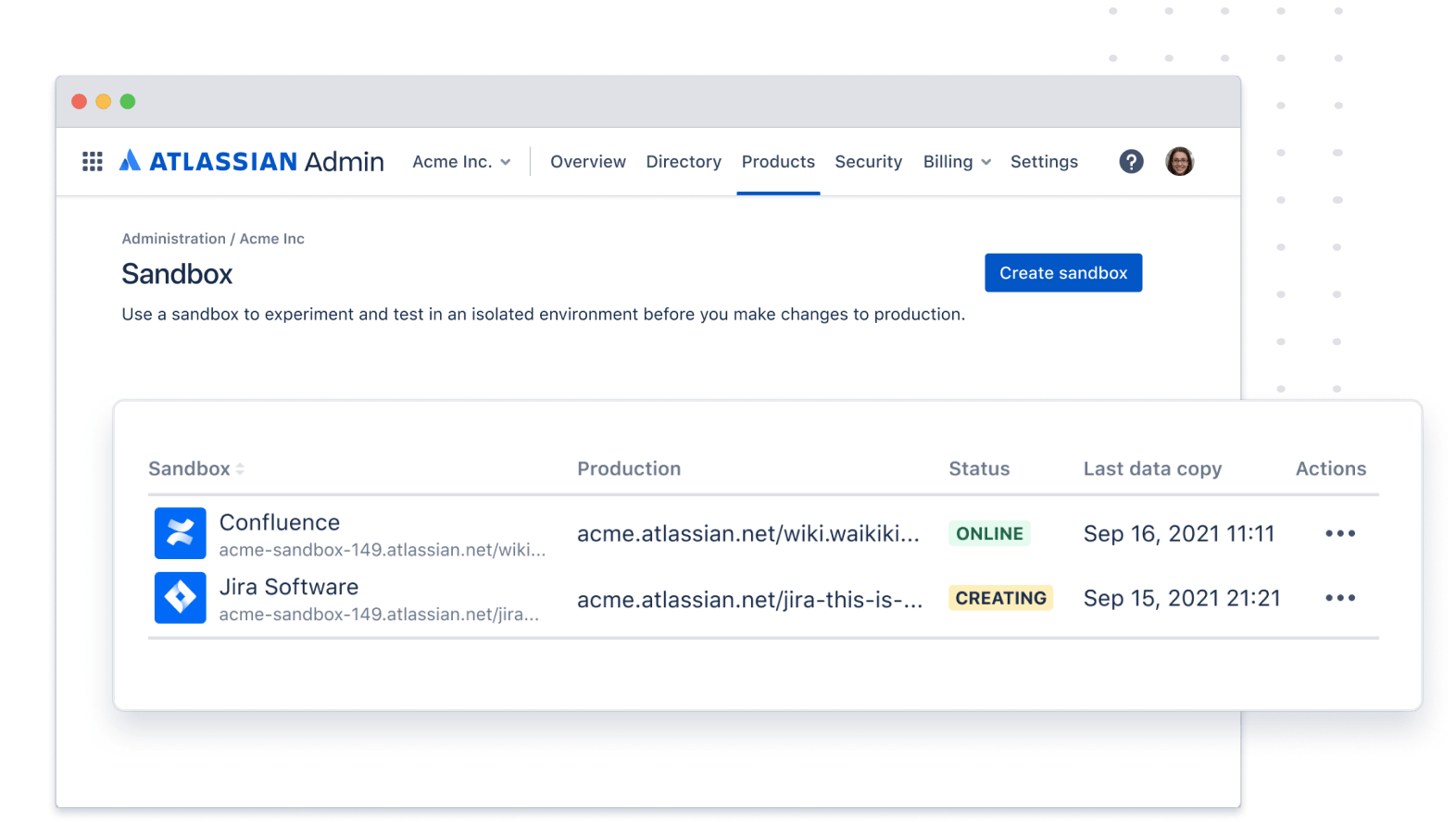 演示沙盒创建的 Atlassian 管理员控制台屏幕截图。