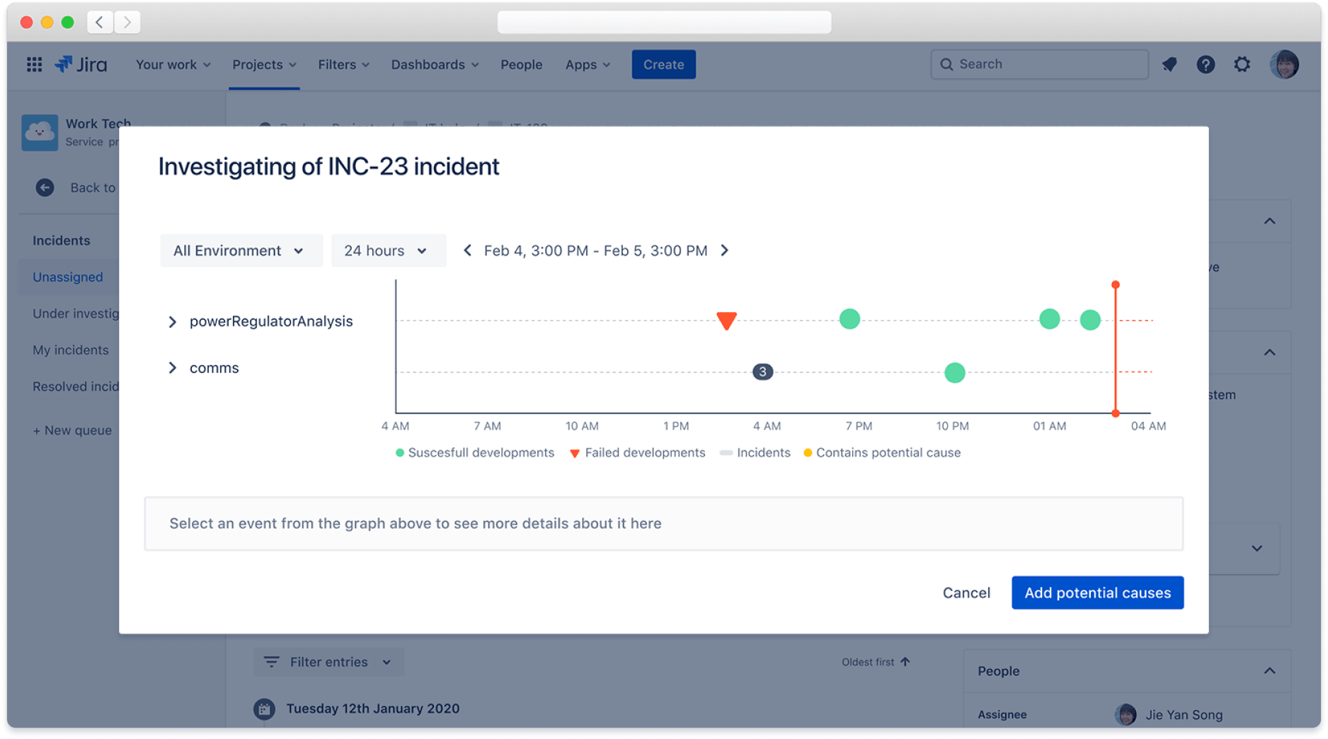 Incident event graph showcasing integration between Jira Service Management and Jira Software