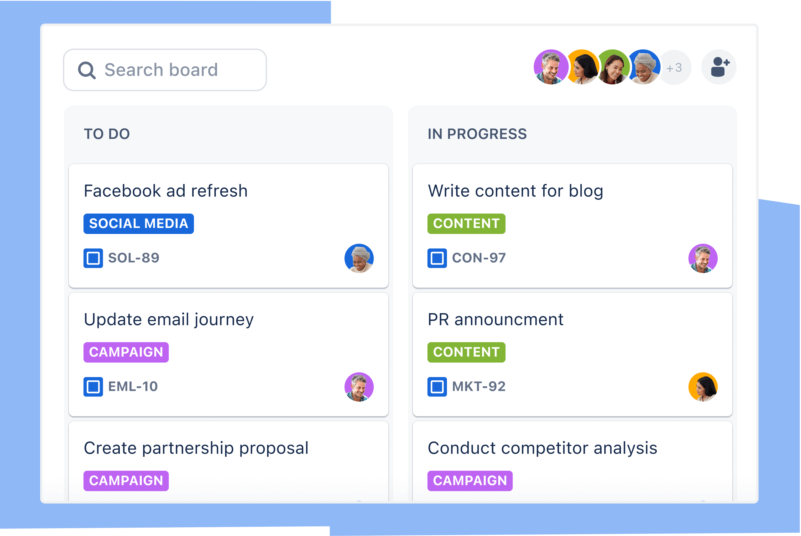 Kanban project planning board with a “To Do” and “In Progress” column containing marketing-related tasks.