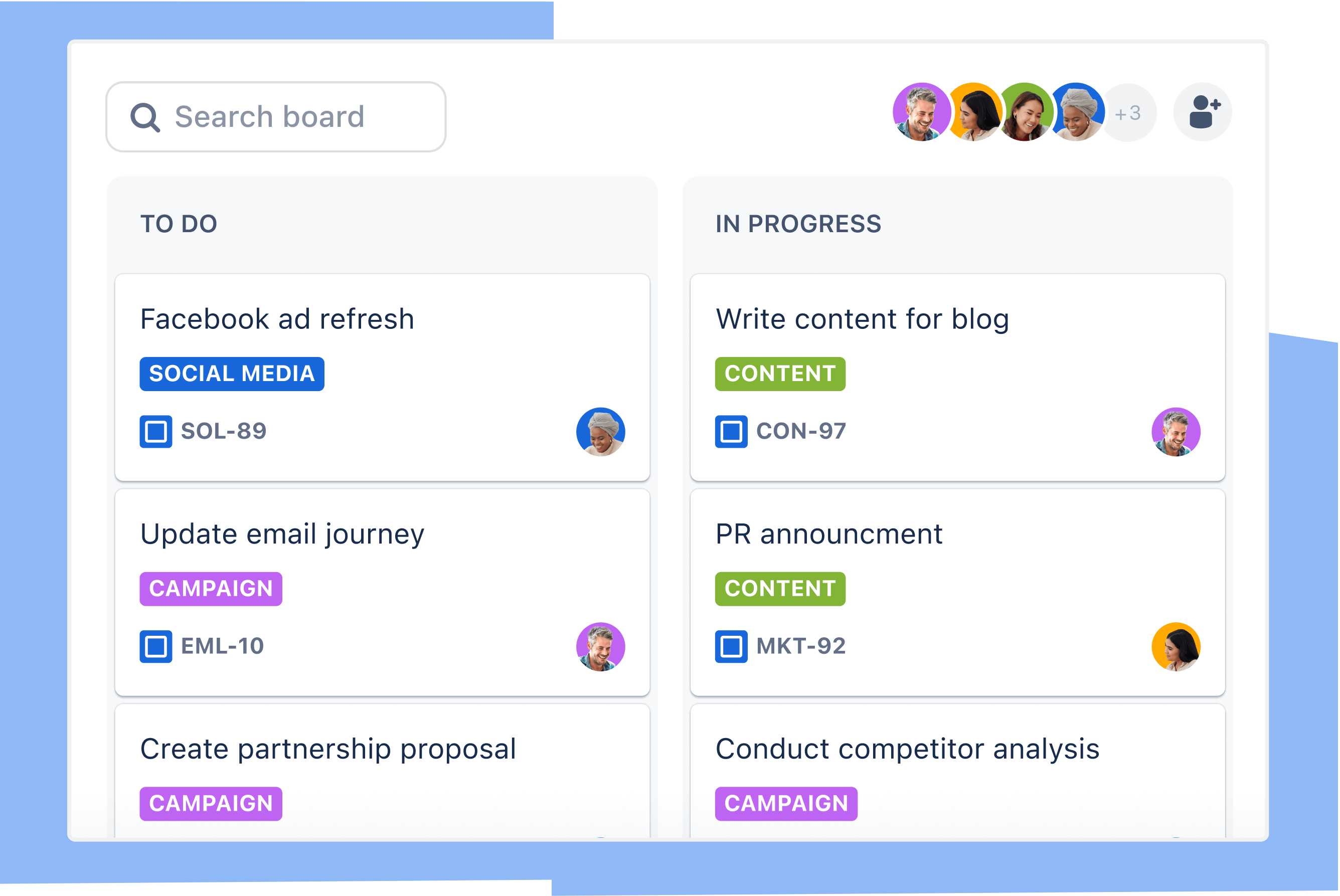 Доска планирования проектов Kanban с графами «Задачи» и «В процессе», содержащая задачи по маркетингу.