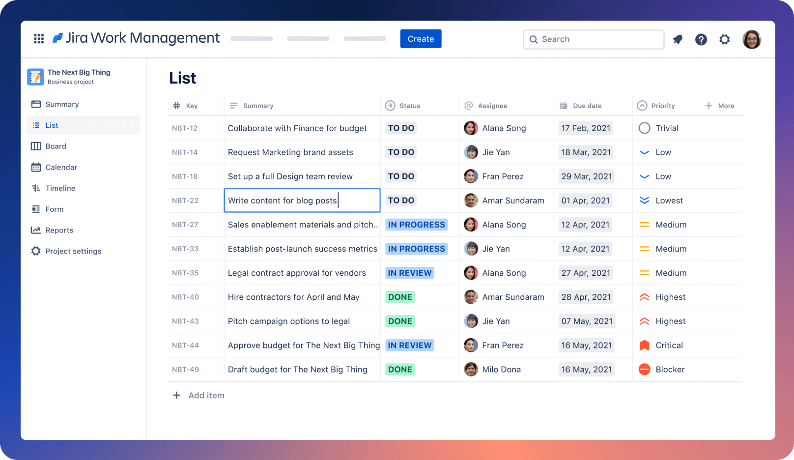 Экран продукта Jira Work Management