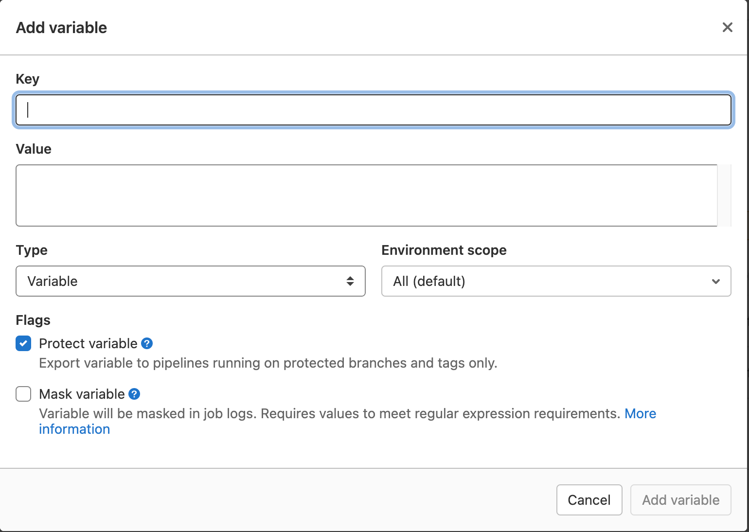 Okno modalne dodawania zmiennej pozwalające dodać klucze AWS w GitLab