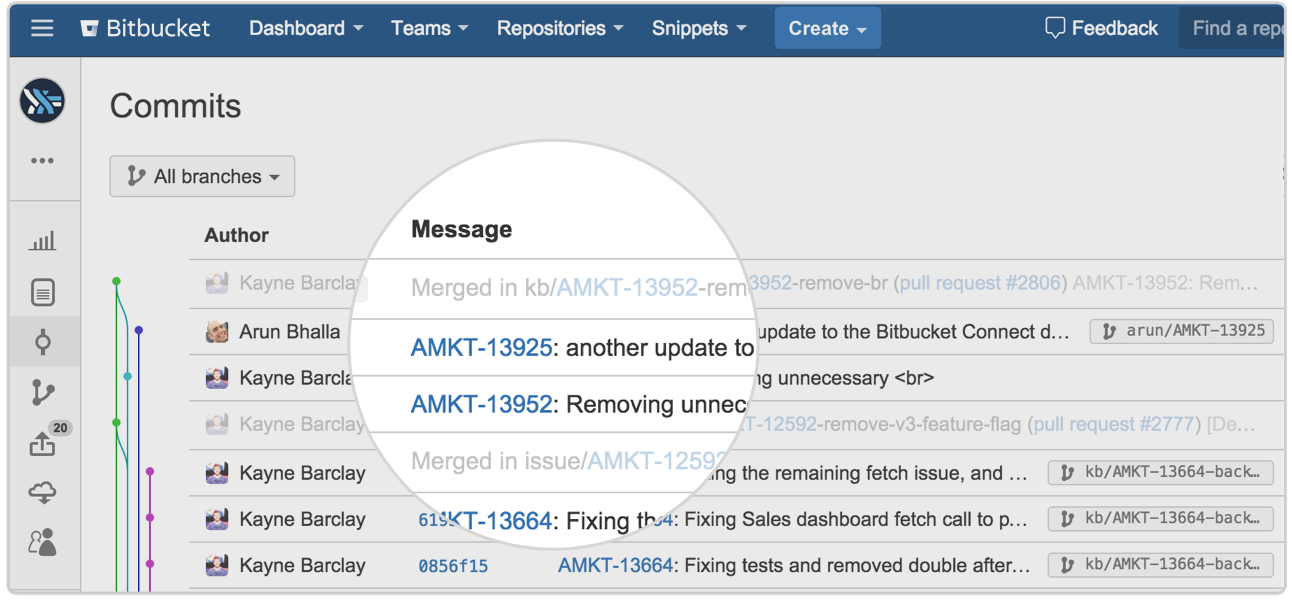 Captura de pantalla del repositorio de Git, confirmaciones Bitbucket | CI/CD de Atlassian
