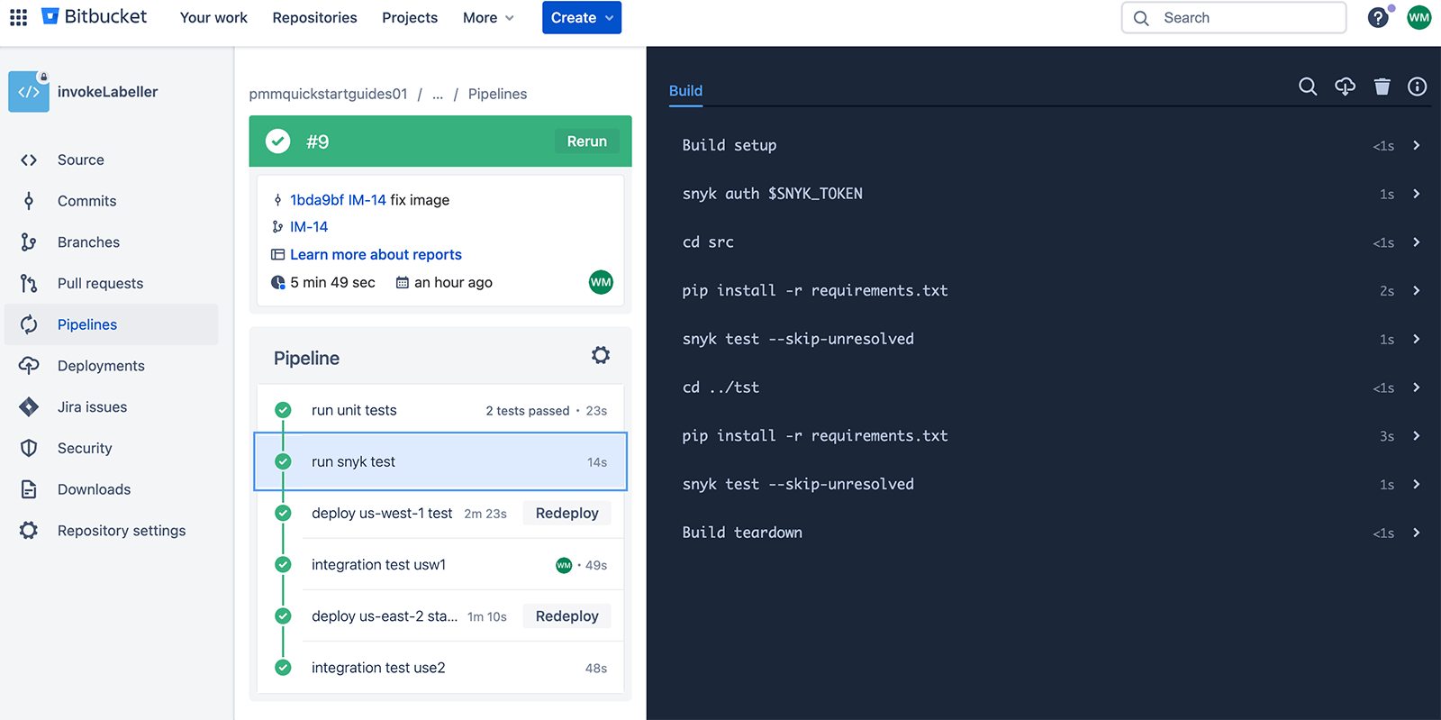 paso runsnyktest en una canalización de Bitbucket