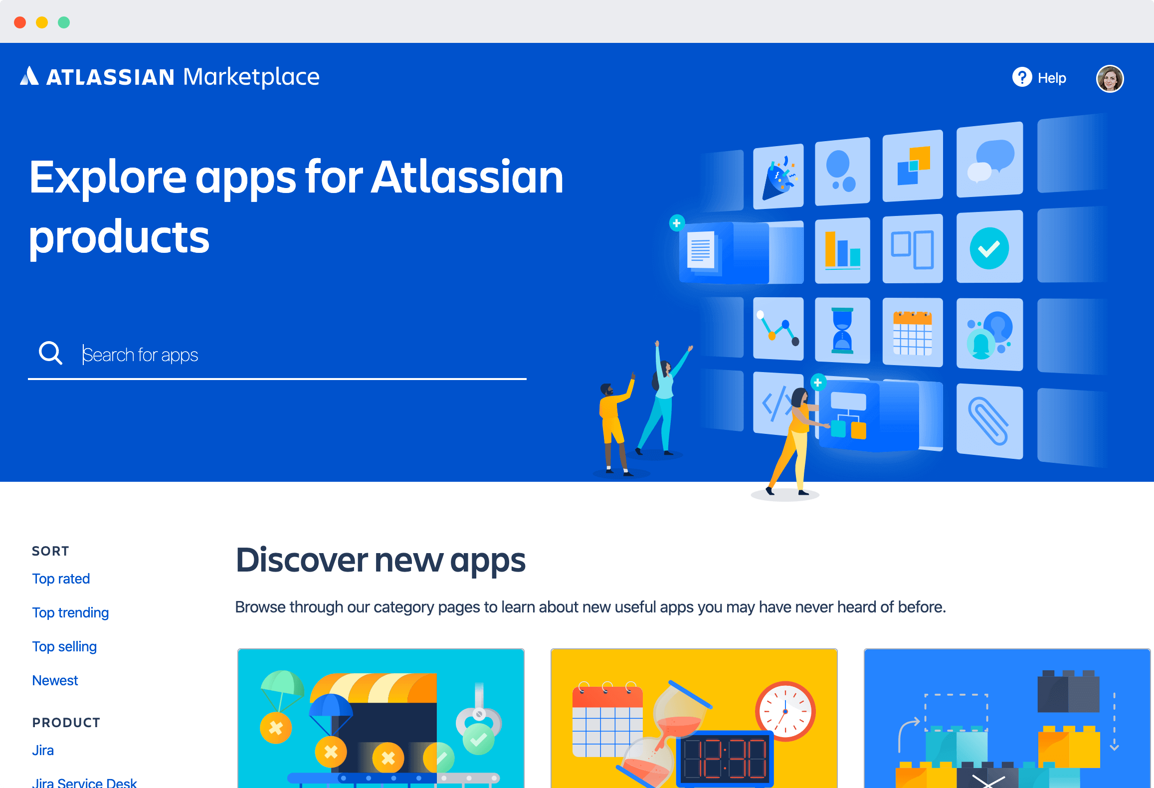 Captura de tela da tela inicial do Atlassian Marketplace