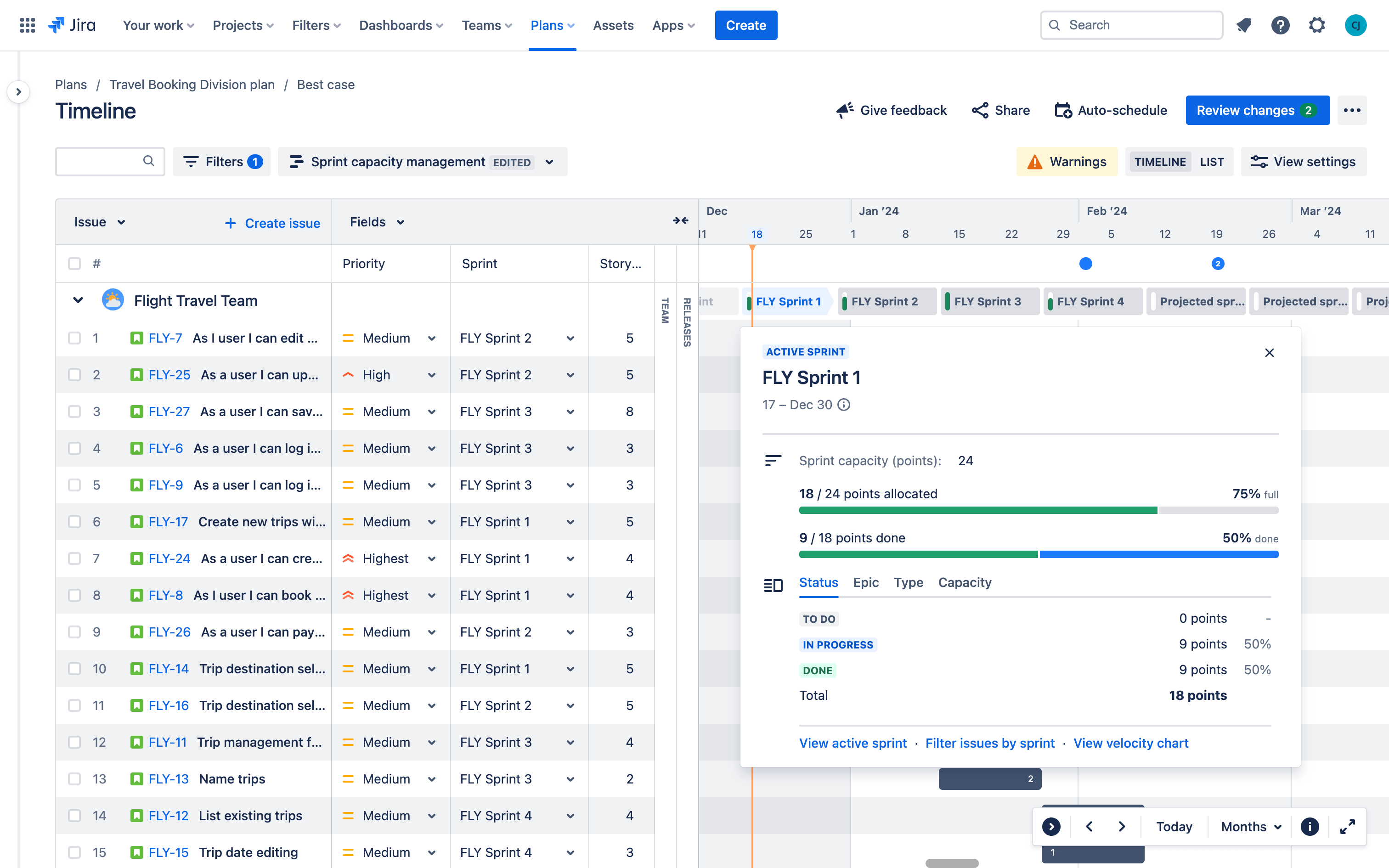 Capacity planning in the timeline view in Jira Plans