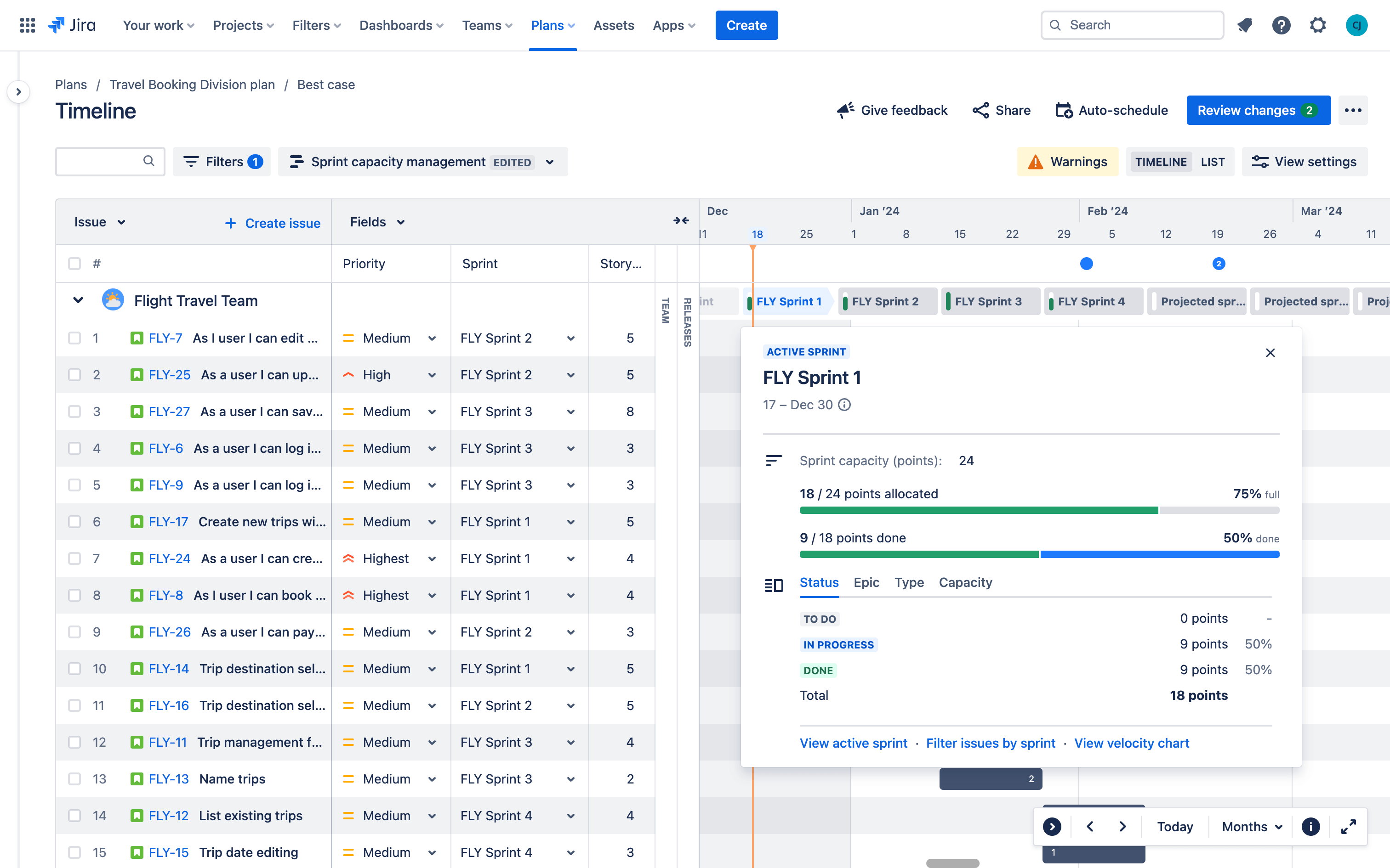 Jira 계획의 타임라인 보기에서 작업 수용량 계획