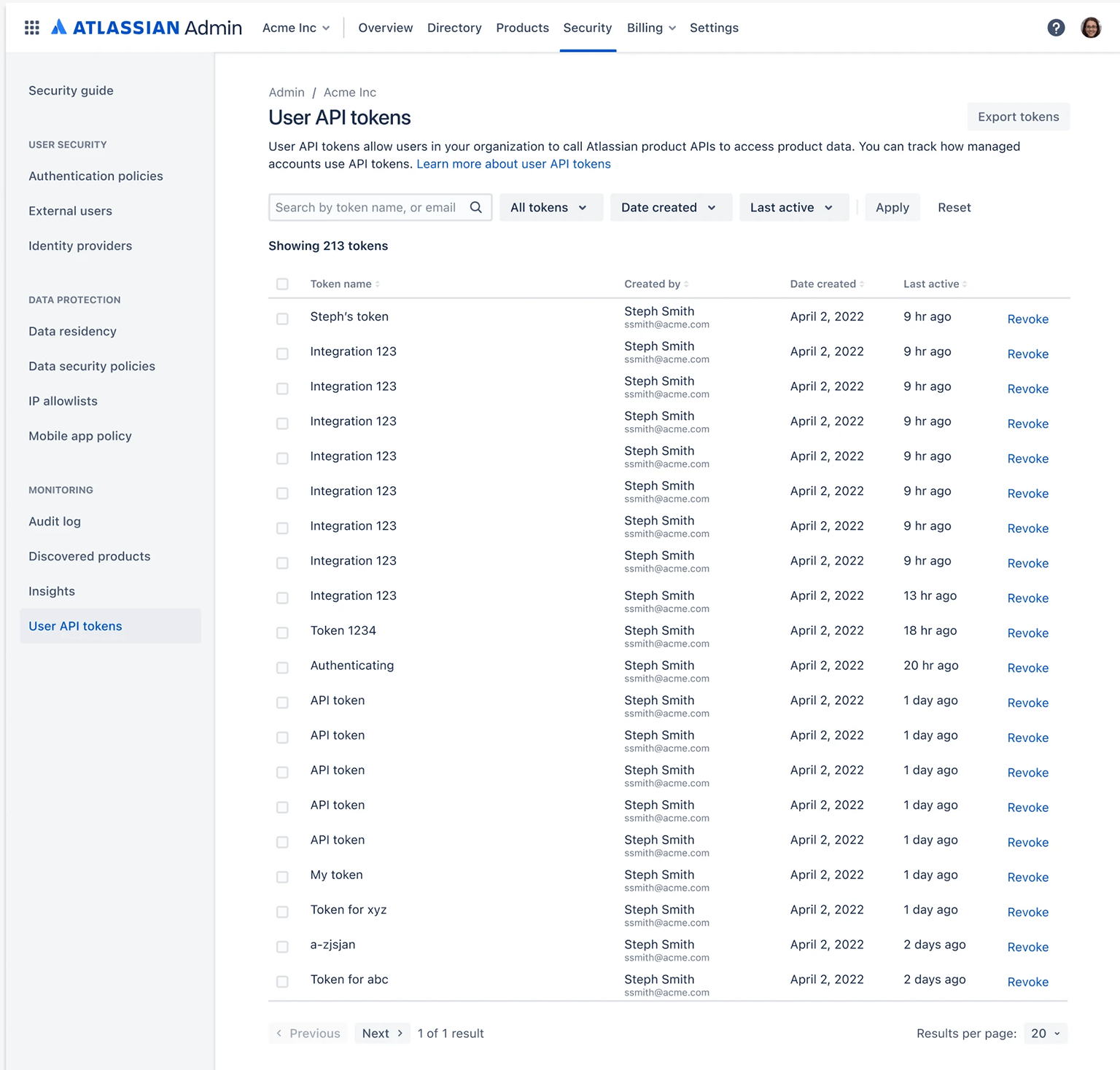 Screenshot dei controlli dei token API
