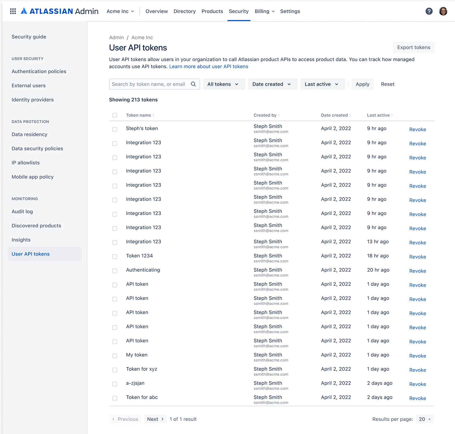 Captura de pantalla de los controles de token de API