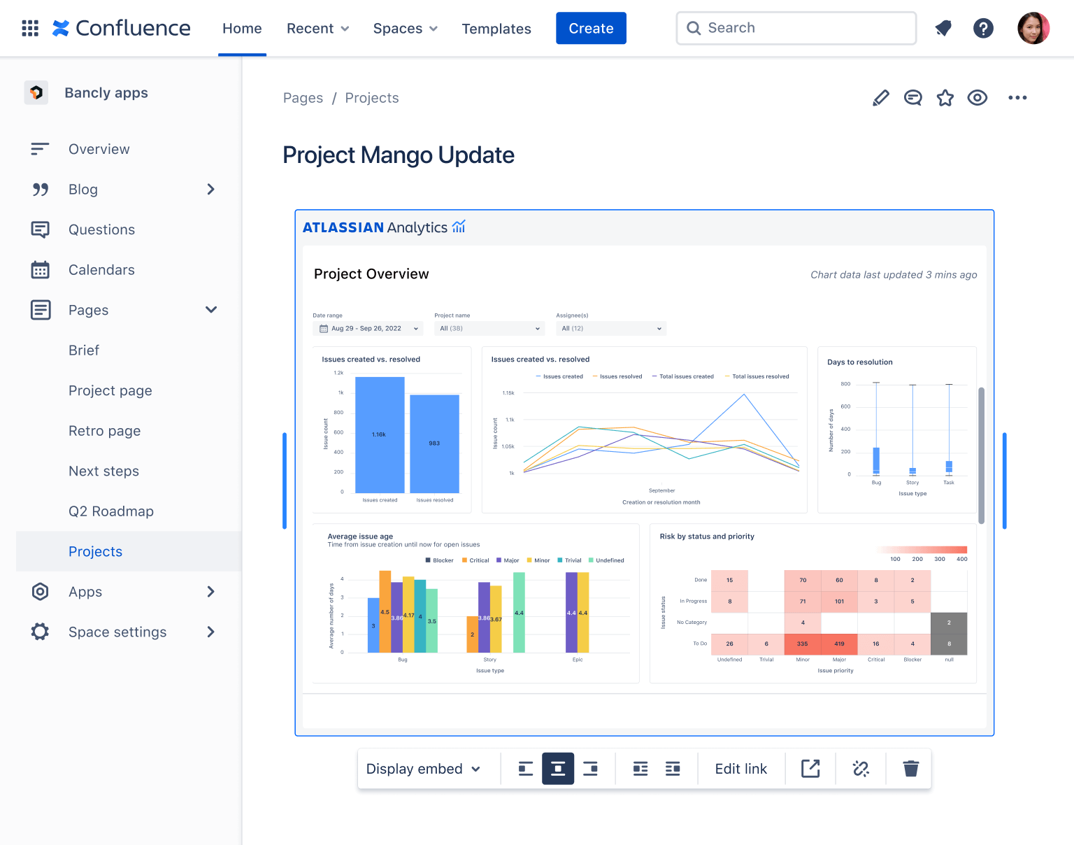 Tableau de bord des liens intelligents Confluence