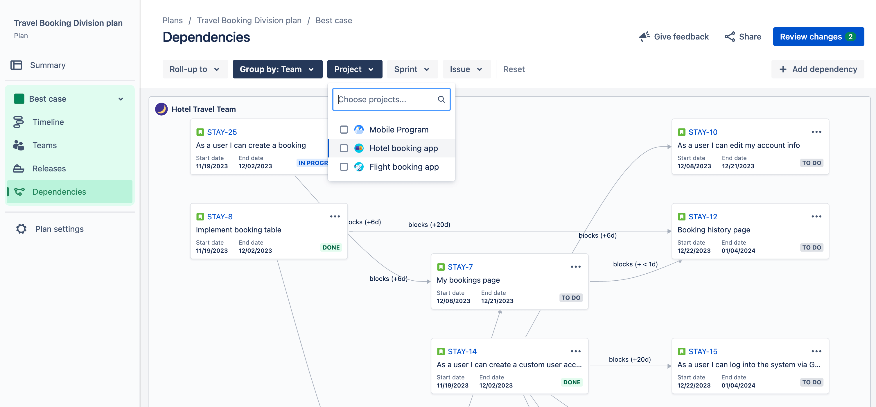 Advanced planning dependencies screenshot