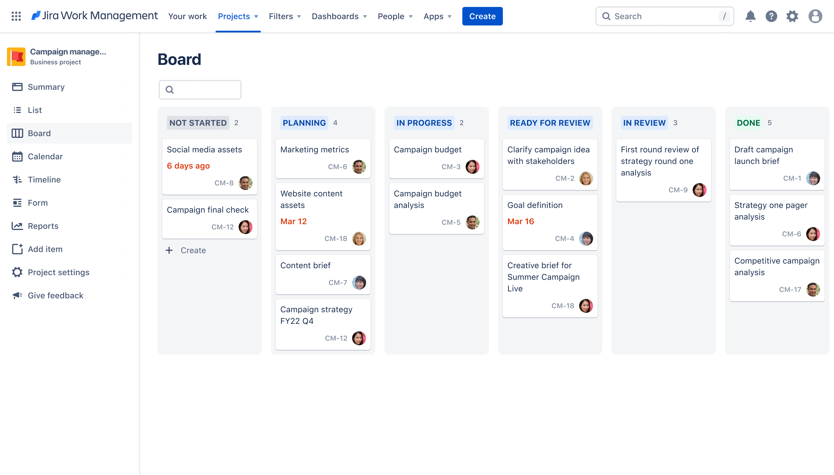 Campaign management board view Jira Work Management