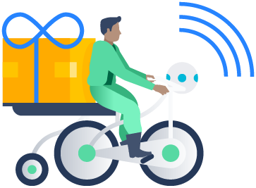 Illustrazione di una persona su una bicicletta con un pacchetto